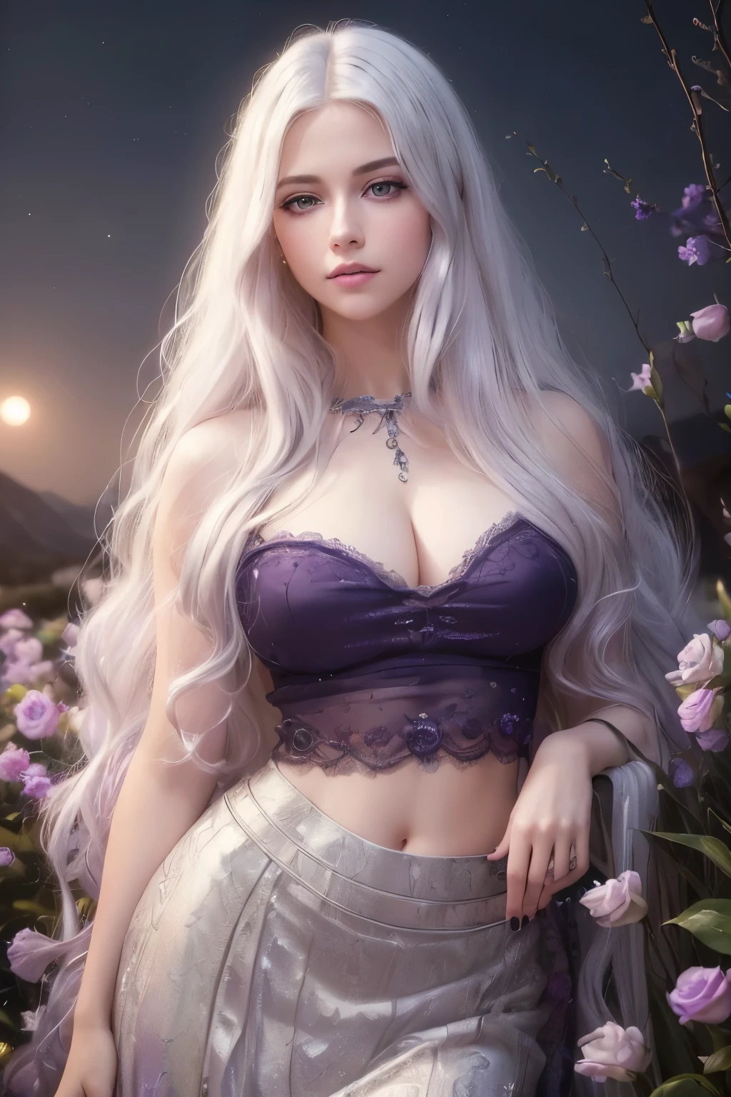 (best quality,4k,8k,highres,masterpiece:1.2),ultra-detailed,(realistic,photorealistic,photo-realistic:1.37),oil painting,beautiful detailed eyes,beautiful detailed lips,long eyelashes,purple eyes,girl with long white hair,blushing,wearing a cropped top and a skirt,night scene,moonlight,flowers,shining eyes,sunlight