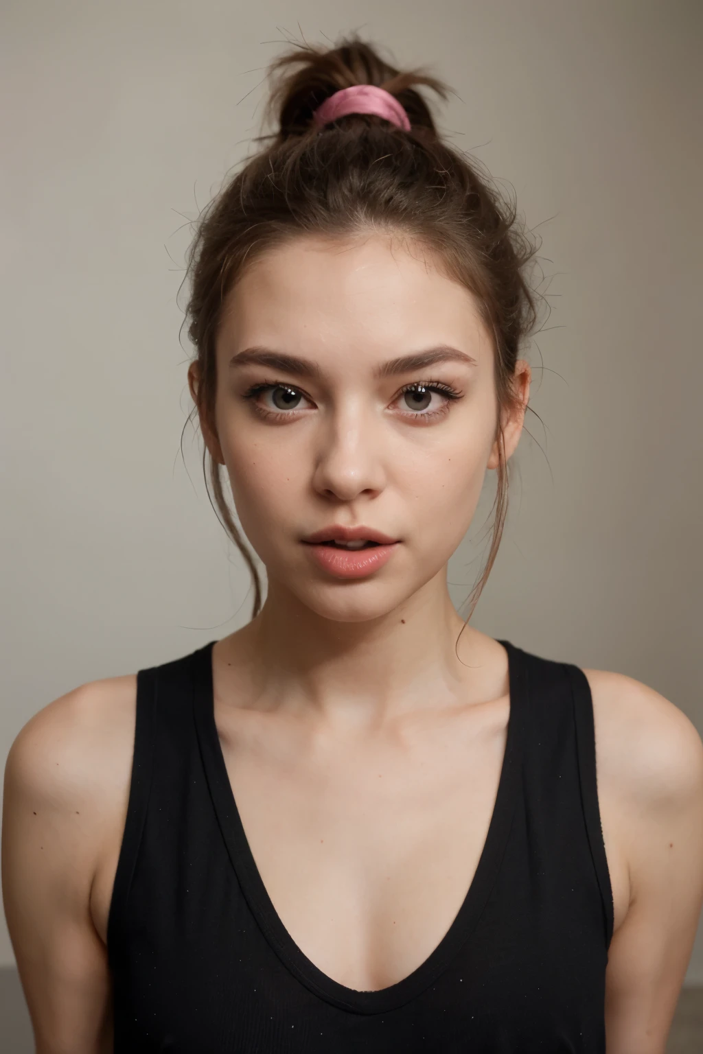 Woman with hair tied in a ponytail. Her hair goes just longer than her shoulders. She has her mouth open. Her lips are pink. She has heavy eye makeup. She is VERY feminine.