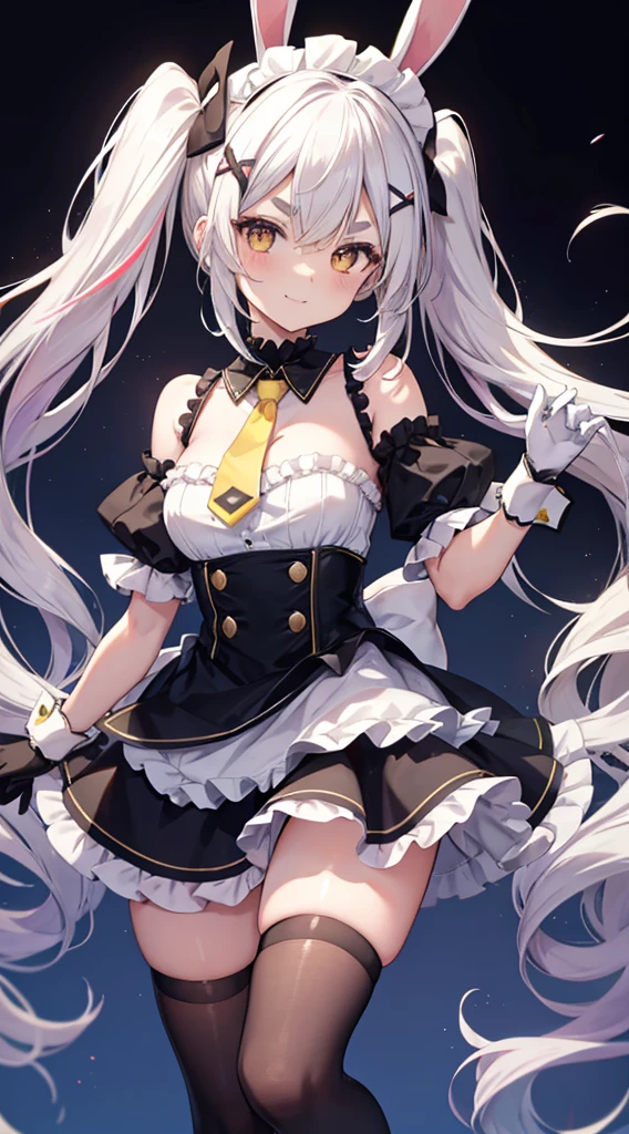 Smile,aatomari, long hair, ahoge, twintails, hair bow, multicolored hair, rabbit ears, maid headdress, x hair ornament, thick eyebrows, choker, criss-cross halter, yellow necktie, bare shoulders, black gloves, frills, layered skirt, black skirt, single thighhigh,Beautiful and perfect legs, Clean and perfect hands,