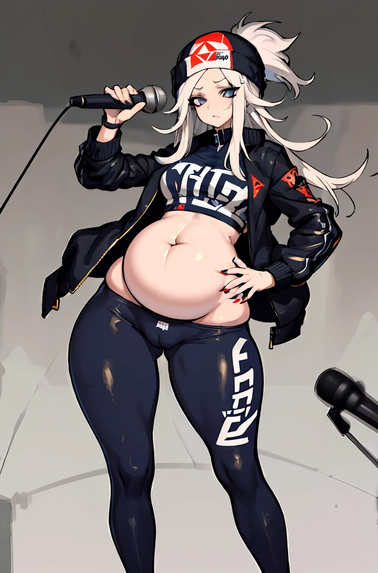 (masterpiece:1.2, best quality), (graffiti wall:1.2), 1lady, beanie, jacket, Leggings, blue eyes, fullbody, pregnant, pregnant rapper, holding microphone, holding microphone up to stomach, hips jutting forward, one hand on hips, outie navel, pussy peek, wide hips