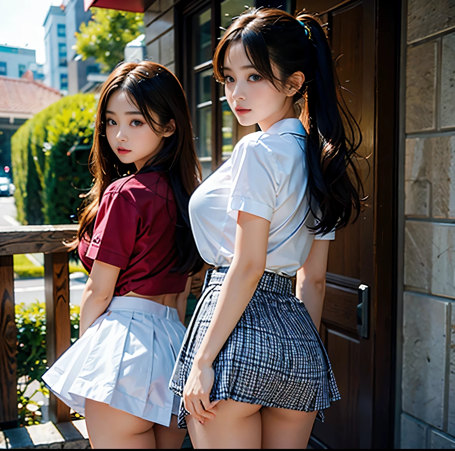 top-quality, 8K picture quality, masterpiece, A hyper-realistic, (Two girls side by side:1.2), (Super big breasts with tension), Whitening Skin, Tight white stretch shirt with crimson ribbon tie, Micro mini pleated tartan check skirt, (the skirt is incredibly short:1.2), (Stick out your butt and show off your beautiful butt:1.3), (above the knee while standing), Proud of her slim waist and white panties, Skirtliftv1