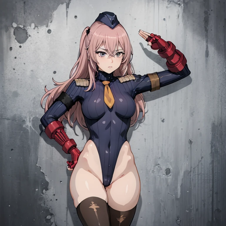 ultra-detailed, Explicit, Beautiful body, Beautiful Nose, Beautiful character design, perfect eyes, perfect face, ultra highres, 4K, beautiful legs, perfect legs, Nice hands, Perfect hand, Masterpiece, Best Quality, Highly detailed, illustration, absurdres, street fighter, doll suit, shadaloo doll, dollsuit, expressionless, blank eyes, looking at viewer, red gloves, emotionless, black latex, corrution, mind control, female combatant, full body, hypnotized, unhappy trance, full body suit, ribbed bodysuit, both arms at side, obey, perfect female body, extremely glossy latex, hypnosis, hypnoLora, empty eyes, Mind control device, poses, submissive_pose, Slave, hat, necktie, stand up straight, standing, standing at attention, hat, necktie, belt, latex, ribbed bodysuit, thighhighs, garter belt, Fighting Stance, extending the right arm from the shoulder into the air with a straightened hand, saluting, military, military saluting, salute, thigh boots, 1girl, Inui sajuna, Sono Bisque Doll wa Koi wo Suru, pink hair, pink eyes, long hair, two side up