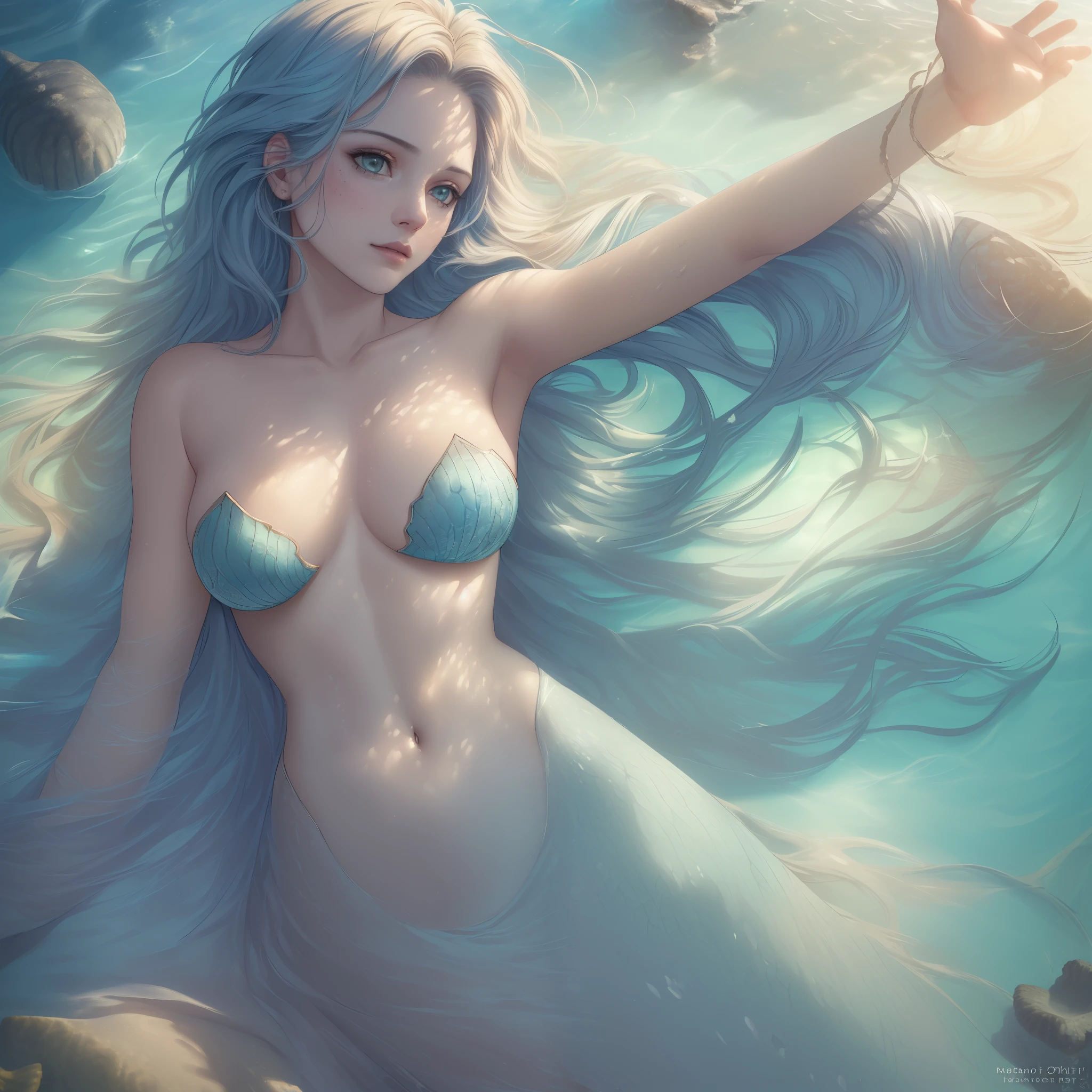 ((Quality: masterpiece, best quality, UHD, anatomically correct, photo realism, textured and detailed skin, skin pores, skin imperfections, textured and detailed hair, dramatic lighting, contrasting of light and shadows)), inspired by the deep sea, underwater mermaid, bikini top, seashells, bright colours, flowing hair