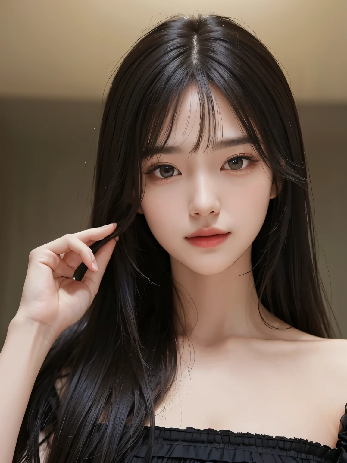 Masterpiece, highest quality, beauty, Japanese, popular Korean makeup, fine, detailed eyes, fine skin, beautiful skin, super high resolution, (reality 1.4), very beautiful, slightly young face, beautiful skin, slender, (super realistic) , (Illustration), (High resolution), (8K), (Very detailed) (Best illustration), (Beautiful and detailed eyes), (Super detailed), (Wallpaper), (Detailed face), Viewer's perspective, Fine detail, detailed face, pureerosfaceace_v1, smile, direct view, direct view, angle from the waist up, realistic photo, bright lighting, professional lighting, black hair (some green), long hair, dark ruins, big red moon, gorgeous red and black dress, woman, stylish long bangs,