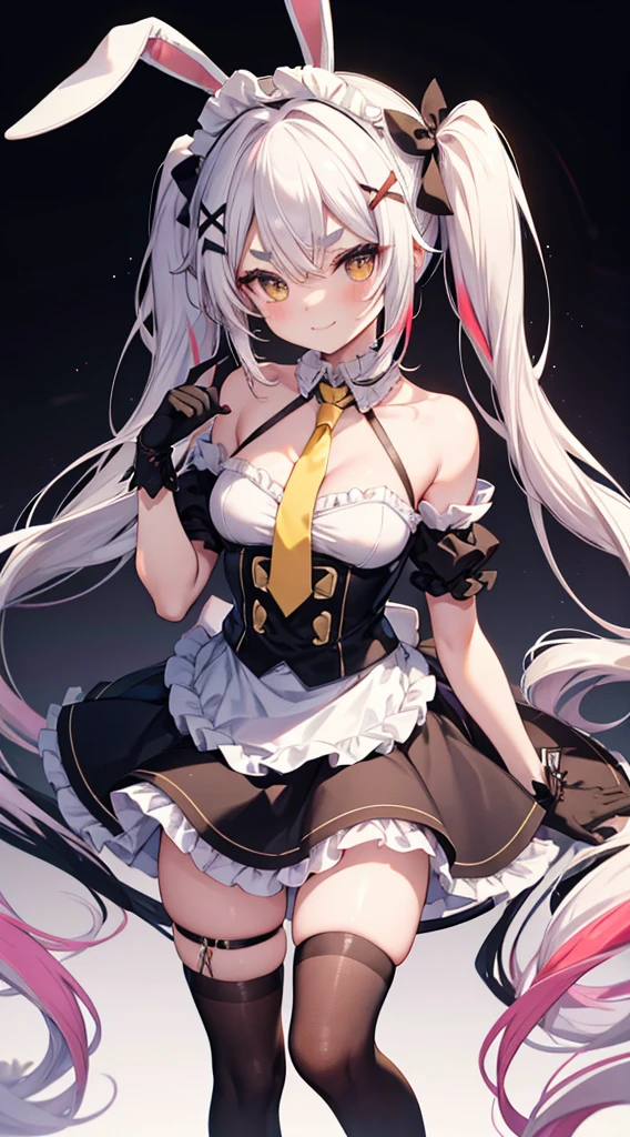 nsfw.Smile,aatomari, long hair, ahoge, twintails, hair bow, multicolored hair, rabbit ears, maid headdress, x hair ornament, thick eyebrows, choker, criss-cross halter, yellow necktie, bare shoulders, black gloves, frills, layered skirt, black skirt, single thighhigh,Beautiful and perfect legs, Clean and perfect hands,