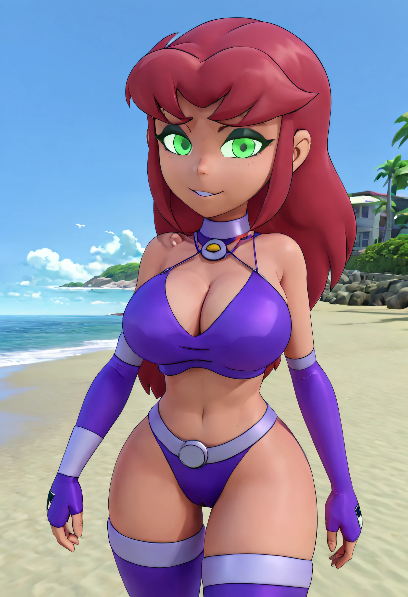 ohxw, star12, red hair, green eyes, purple outfit, full body, blushing, walking up from a beach, 4k, highly detailed, lighting, outside, cartoon, 3d, sharp,