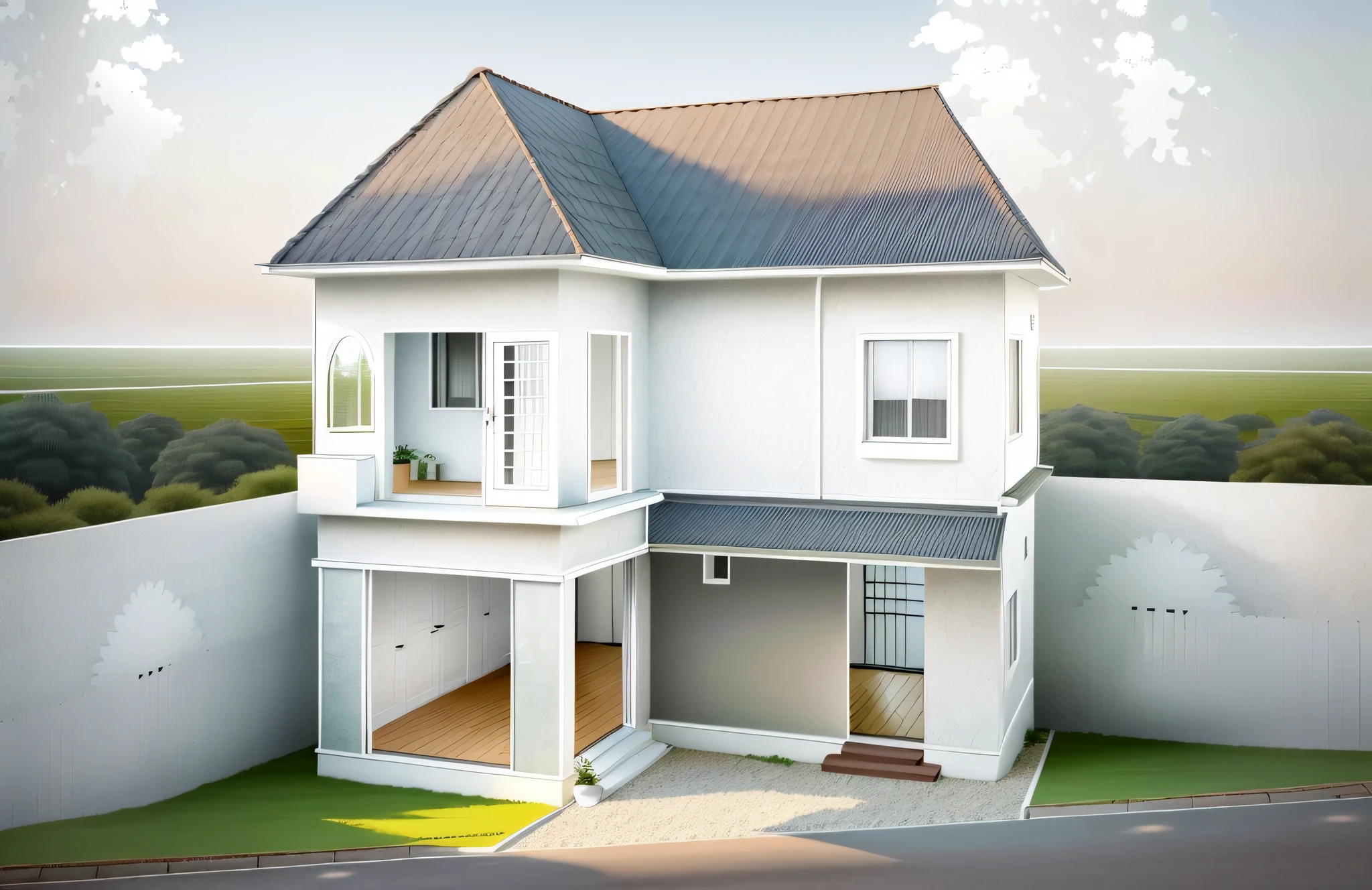 Beautiful simple house scene, painted white, wall color perspective, glass doors, climbing plants, dawn light, trees, beautiful scenery, road in front of the house, densely populated area, tiled roof