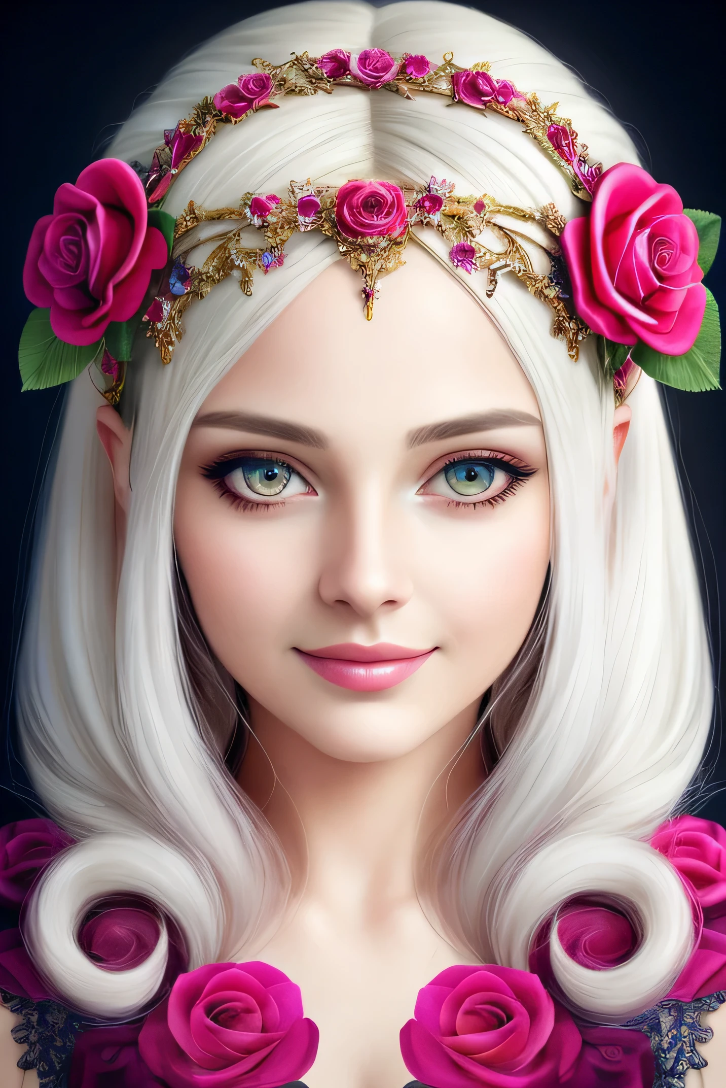 Beautiful woman in oil painting style,cheerful,Elaborate Eyes,Round pupils,Long white hair,Long sleeve lower headband,intricate hair details,rose background,4K,Cheerful nest colorful,Fantasy magic,texture on clothes,glowworm,
