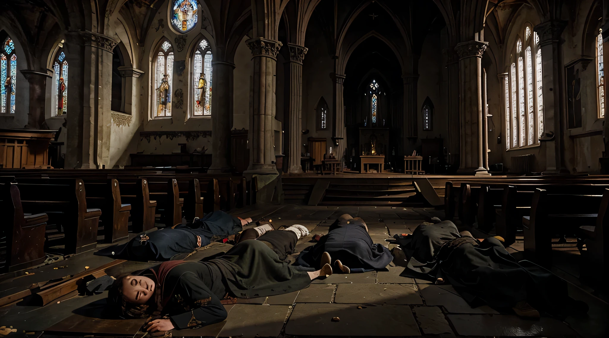 best quality, Church, piles of dead bodies wearing medieval clothes scattered haphazardly
across the floor, Extreme quality, very realistic, dark environment, church,