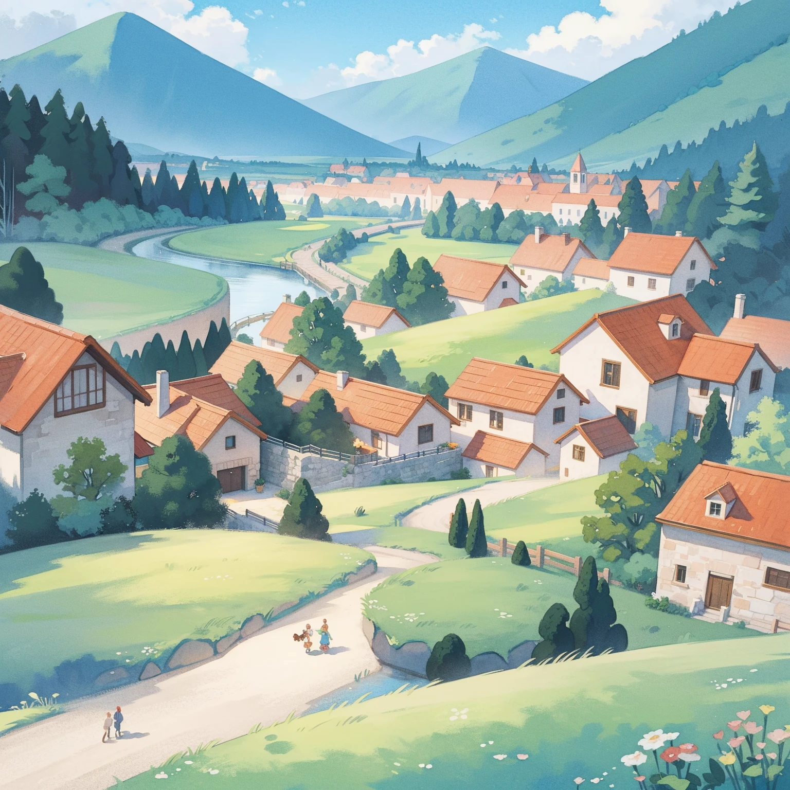 fantasy landscape, watercolor illustration, whimsical, warm colors, fairytale village, houses, ((masterpiece)), highly detailed environment