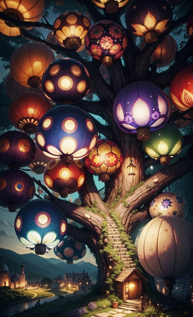 Light up the colorful mushroom forest,world in a bottle,A fairyland-like hideaway,Colorful mushroom house,a fairy world,夏天,Seafront,Rios,tree house,sunflower fields,lavender,mountain ranges,mountain peak tree,a small medieval village, Italy, are present, medieval town, medieval village, FantasyItaly, quaint village, Italy杰作, medieval coastal village, medieval town landscape、Cobblestone road、View from the street、Behold