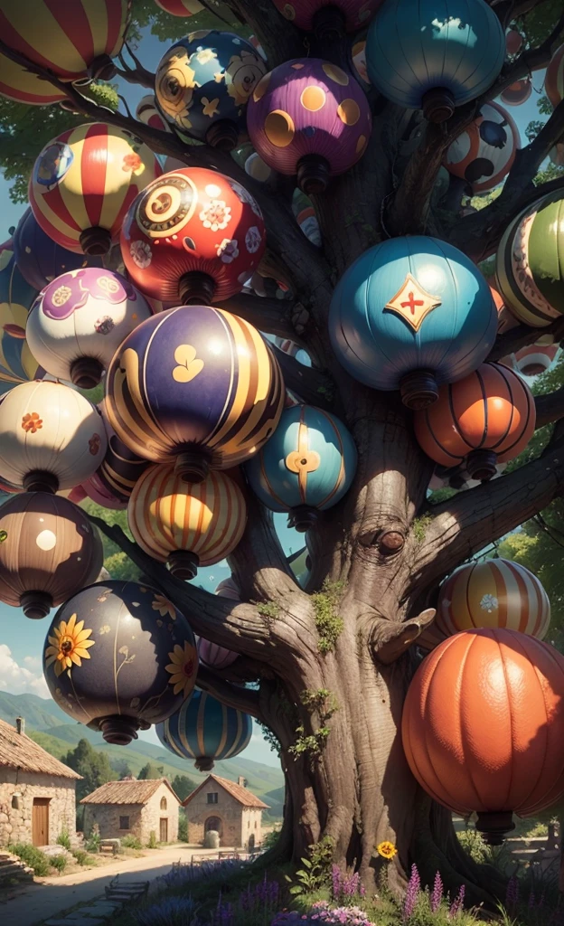 Light up the colorful mushroom forest,world in a bottle,A fairyland-like hideaway,Colorful mushroom house,a fairy world,夏天,Seafront,Rios,tree house,sunflower fields,lavender,mountain ranges,mountain peak tree,a small medieval village, Italy, are present, medieval town, medieval village, FantasyItaly, quaint village, Italy杰作, medieval coastal village, medieval town landscape、Cobblestone road、View from the street、Behold