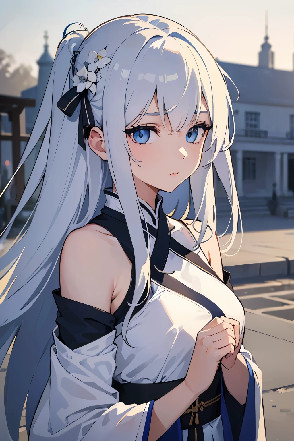 (Masterpiece), (Best Quality), (Super Detailed), (Dirty Hair), (Illustration), (1 Girl) (Long white Hair 1.5) (Blue Eyes), ((((No Shoulders))),Hanfu, (Looking at the Audience, (Interview), ( Background), Beautiful and Delicate Eyes, Delicate Beautiful Face, Soaring (High Saturation), Accent on Face, PerfectNwsjMajic, conservative clothes, Shoulderless, winter clothes, facing the masses, perfect figure,