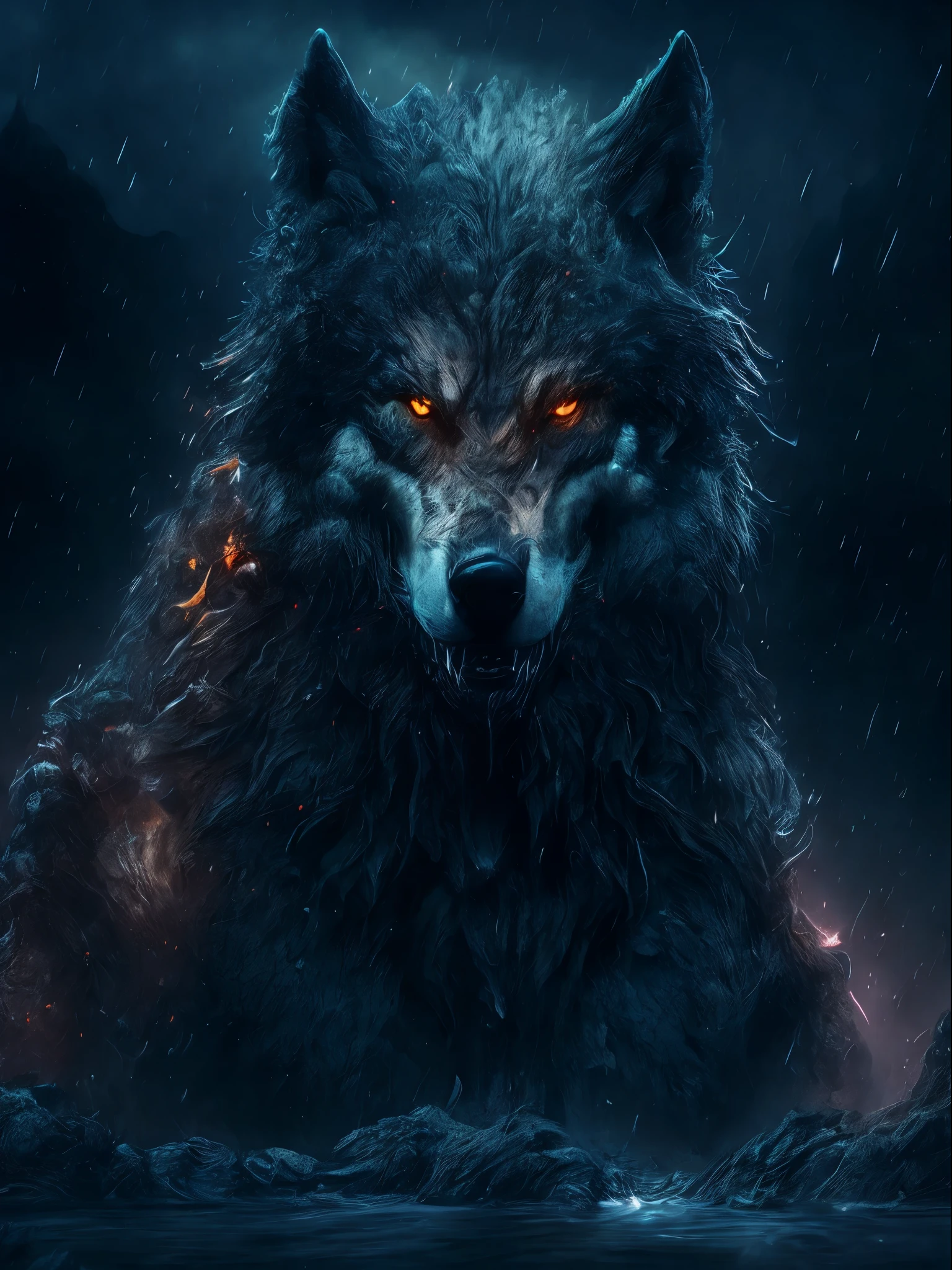 Wolf God, surreal, tense, cold, highly detailed, sharp, professional, 8k UHD, movie, dark, violent, outdoor, river, battle, chase, dramatic, vivid, tense atmosphere, rendering, epic, twilight, HDR, album cover, blizzard, lightning, disaster