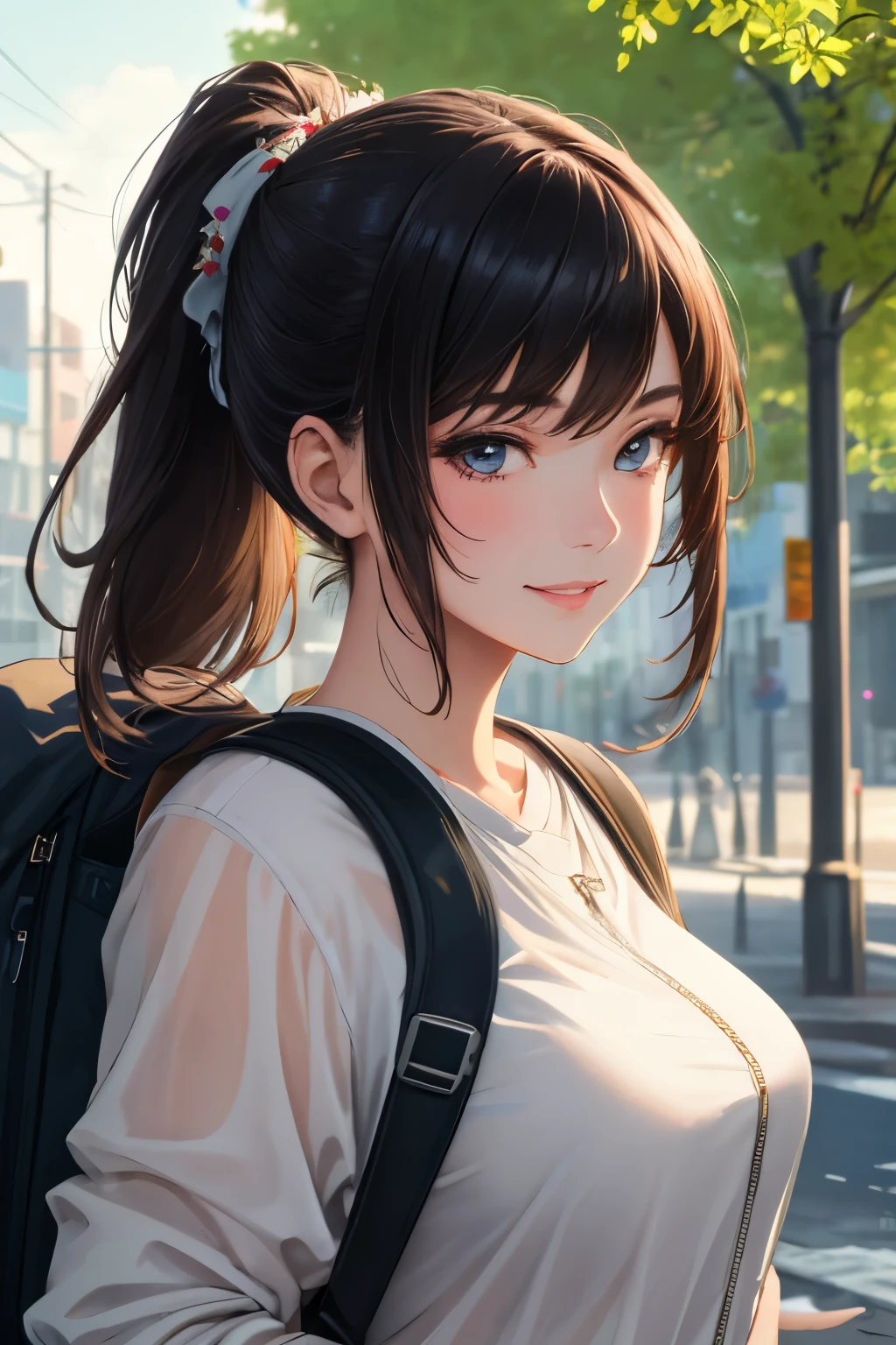 fashion style, masterpiece, best quality, 8k, artstation, sharp focus, (ultrarealistic:1.5), (high details:1.4), raw photo of a young woman, street smiling, backpack, ponytails, faded, complex stuff around, intricate background, soaking wet, (Cinematic:1.4),
