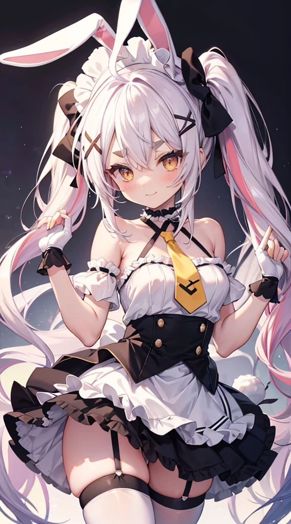 Half-naked,nsfw.Smile,aatomari, long hair, ahoge, twintails, hair bow, multicolored hair, rabbit ears, nsfw maid uniform, x hair ornament, thick eyebrows, choker, criss-cross halter, yellow necktie, bare shoulders, black gloves, frills, layered skirt, black skirt, single thighhigh,Beautiful and perfect legs, Clean and perfect hands,