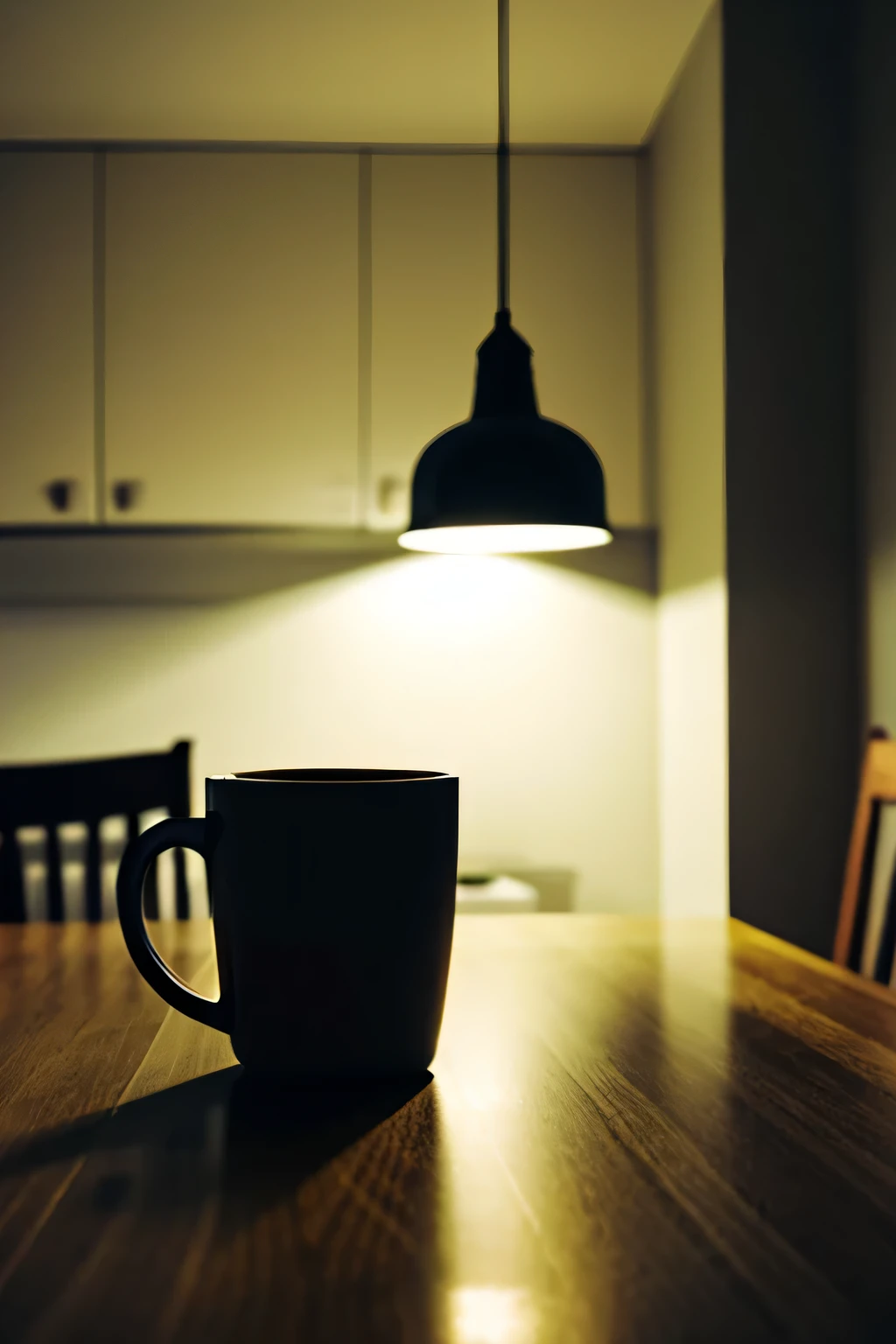 coffee on kitchen table, dark lighting