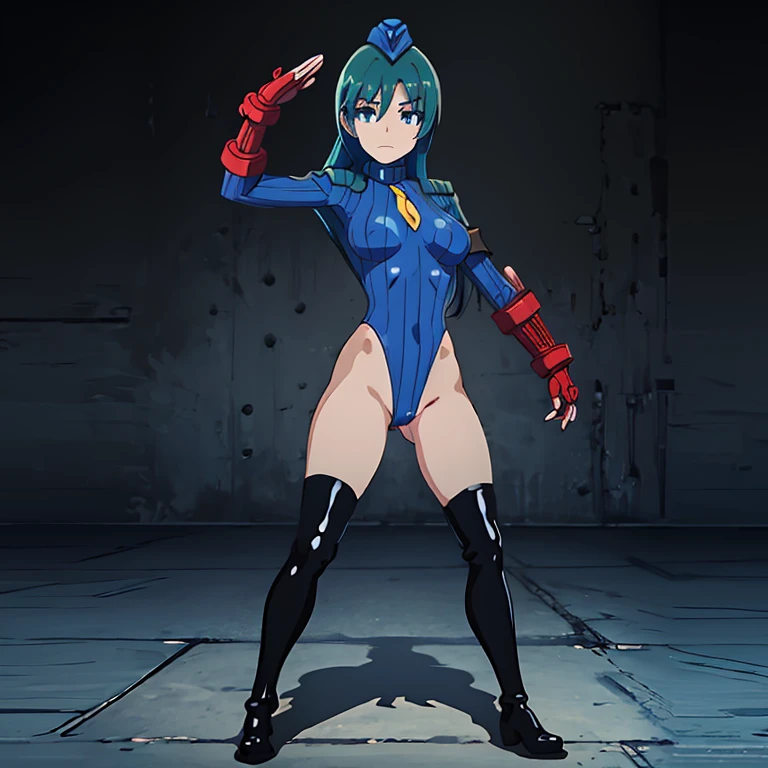 ultra-detailed, Explicit, Beautiful body, Beautiful Nose, Beautiful character design, perfect eyes, perfect face, ultra highres, 4K, beautiful legs, perfect legs, Nice hands, Perfect hand, Masterpiece, Best Quality, Highly detailed, illustration, absurdres, street fighter, doll suit, shadaloo doll, dollsuit, expressionless, blank eyes, looking at viewer, red gloves, emotionless, black latex, corrution, mind control, female combatant, full body, hypnotized, unhappy trance, full body suit, ribbed bodysuit, both arms at side, obey, perfect female body, extremely glossy latex, hypnosis, hypnoLora, empty eyes, Mind control device, poses, submissive_pose, Slave, hat, necktie, stand up straight, standing, standing at attention, hat, necktie, belt, latex, ribbed bodysuit, thighhighs, garter belt, Fighting Stance, extending the right arm from the shoulder into the air with a straightened hand, nazi saluting, military, military saluting, salute, thigh boots, 1girl, alfina, long_hair, blue_eyes, closed_mouth, blue_hair, feather