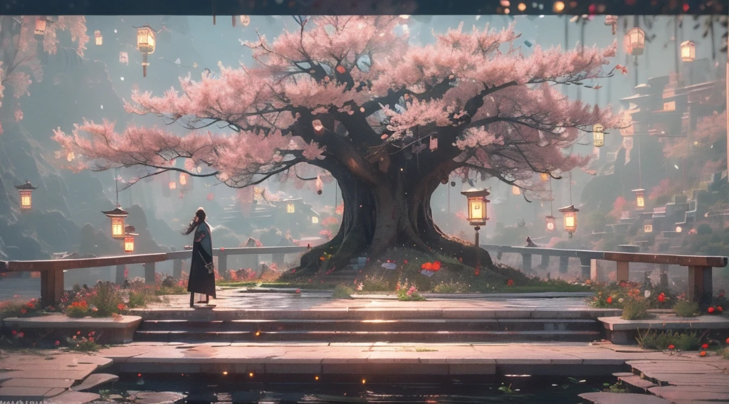 (tmasterpiece:1.2),best qualtiy,realisticlying,Tyndall effect,Underworld marriage,natta, Lanterns, The tree, scenecy, exteriors, 1boys, 独奏, brunette color hair, Japanese clotherom back, malefocus, standing on your feet, east asian architecture, buliding, Skysky, nigh sky, stairwayack,