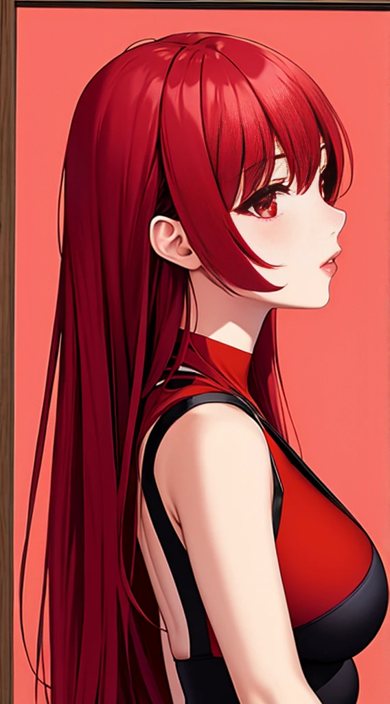 1girl, solo,red theme,looking at viewer,large breasts,portrait,from side,bad-girl,((mature female))