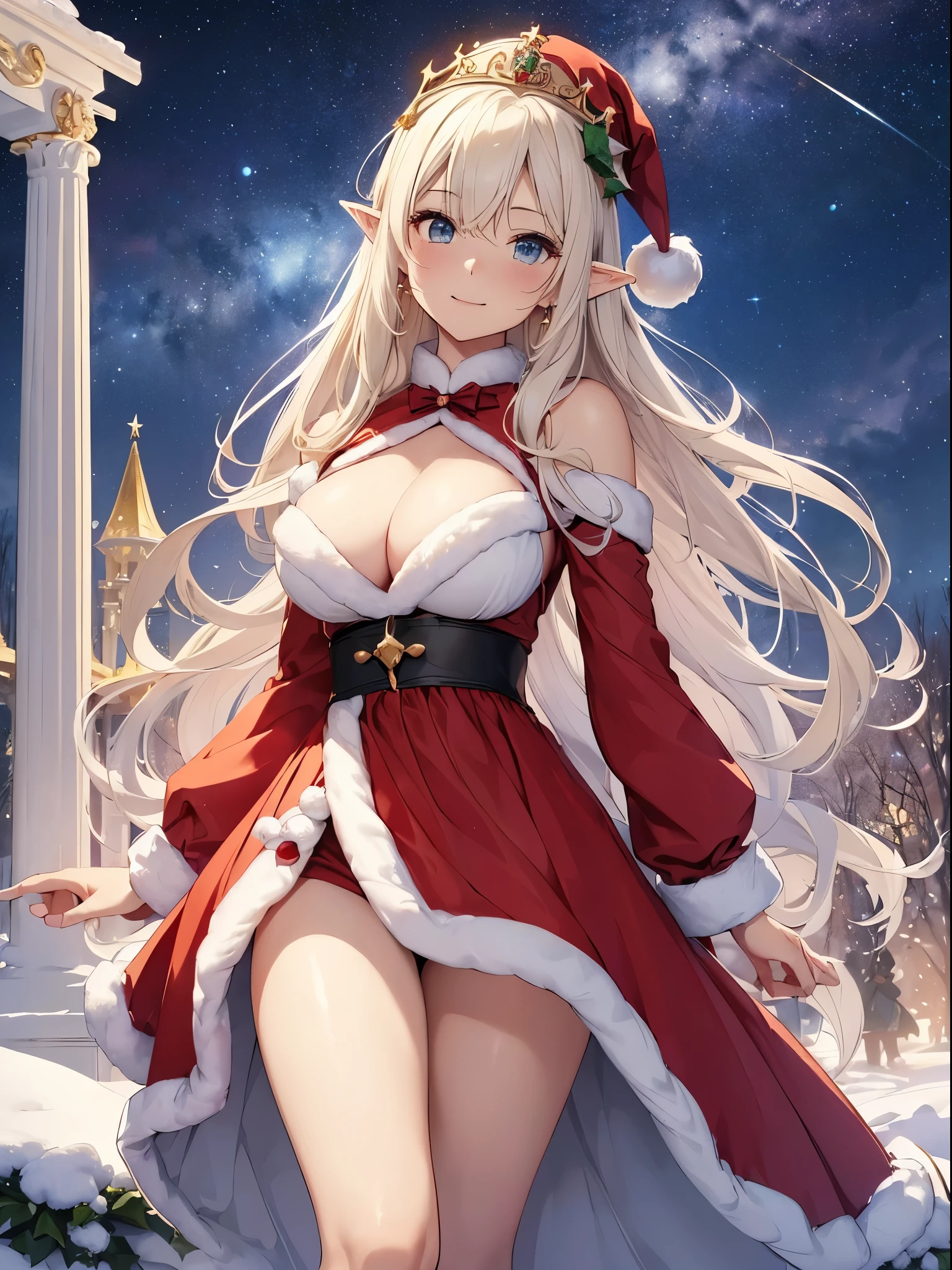 top-quality、Top image quality、​dagashi terpiece、Super beautiful elf beauty((24 year old、santa costume、santa hat、Best Bust、big bast、Bust 90,beautiful blue long ironed hair、a blond、globe、A A sexyは、A slender、a closeup、Esbian、beautiful tiara、hiquality、Beautiful Art、Background with((starrysky)))But but ute piece、visualart、depth of fields、low angle night sky、、Elven ears、、light magic、Space Knight、harp melody🎵、Happy smile、Gentle light、、Beautiful legs that are gentle on the skin、、、Number of fingers to achieve precise finger movements、ティッカーBeautiful decoration、elegent、Mystical　　field under the flower garden、Marble pillars, beautiful dressy、Snowy landscape in winter、、巨大なglobe、、Temple of Time、Great watch、hour glass、sundial、NSFW.A sexy、Christ but、Christ butツリー、Beautiful decoration,santa dress 1.3,ChristmasXmas