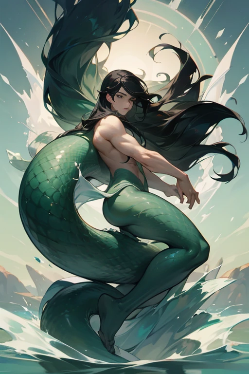 merman, with tail, long tail, flowing black hair, beautiful boy, full body, perfect, well detailed, well defined, ultra realistic, cinematic, neutral background, 8k.