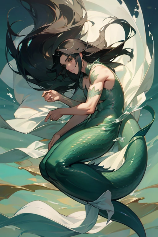 merman, with tail, long tail, flowing black hair, beautiful boy, full body, perfect, well detailed, well defined, ultra realistic, cinematic, neutral background, 8k.