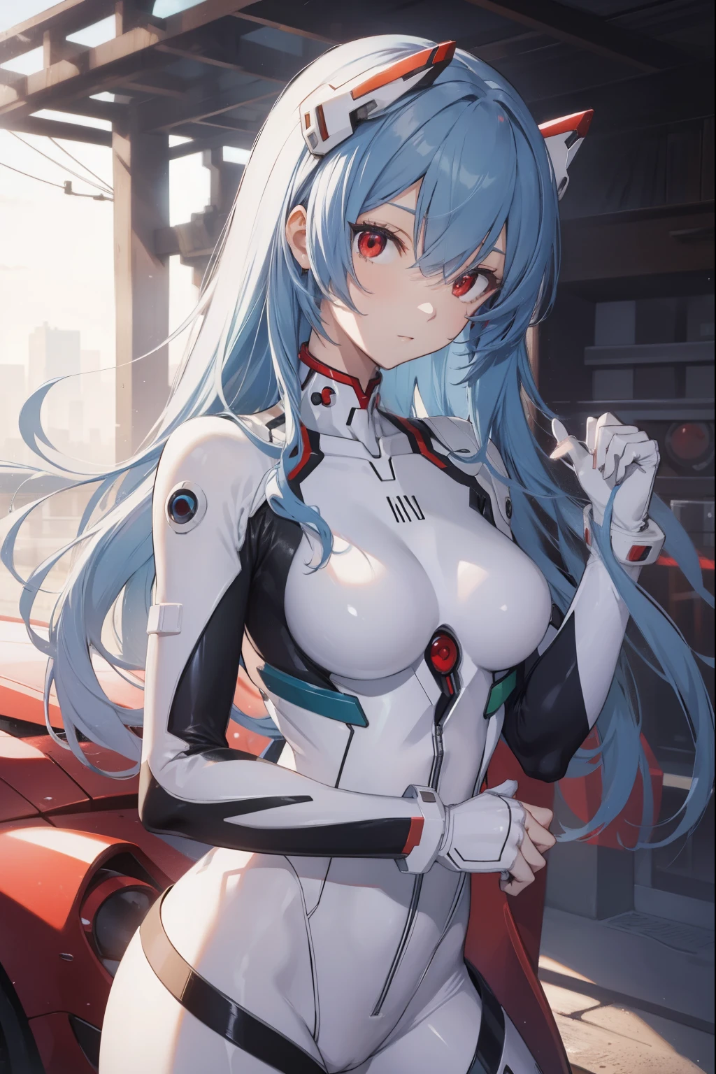 reiayanami, Rei Ayanami, Blue hair, Long hair, (Red Eyes:1.5),
BREAK bodysuit, Headgear, plugsuit, White bodysuit,
BREAK outdoors, city,
BREAK looking at viewer, 
BREAK (masutepiece:1.2), Best Quality, High resolution, Unity 8k壁纸, (Illustration:0.8), (Beautiful detailed eyes:1.6), extra detailed face, Perfect Lighting, extremely details CG, (Perfect hands, Perfect Anatomy),