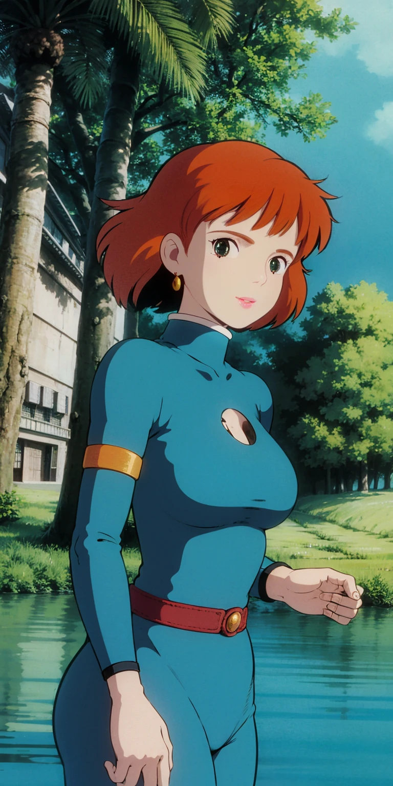 ghibli style, Nausicaa \(Nausicaa\), 1girl, 30 y.o., armlet, bangs, orange hair, Nausicaa outfit, breasts, earrings, floating hair, forest, brown eyes, jewelry, looking at viewer, medium breasts, sea of decay crumbling buildings, outdoors, parted bangs, shirt, medium hair, solo, tree, upper body, blue shirt , steampunk, ((masterpiece)),
