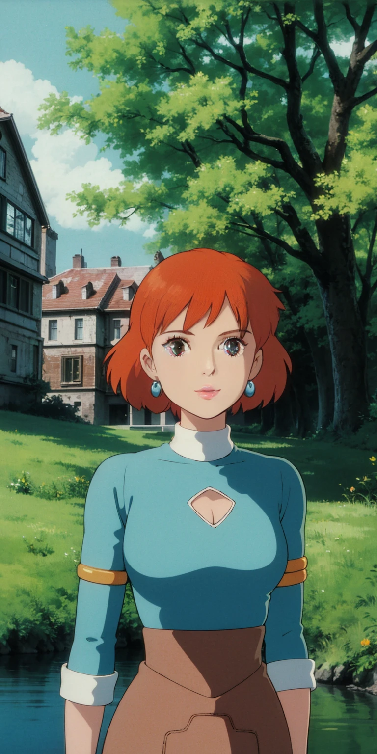 ghibli style, Nausicaa \(Nausicaa\), 1girl, 30 y.o., armlet, bangs, orange hair, Nausicaa outfit, breasts, earrings, floating hair, forest, brown eyes, jewelry, looking at viewer, medium breasts, sea of decay crumbling buildings,  outdoors, parted bangs, shirt, medium hair,  solo, tree, upper body, blue shirt , steampunk, ((masterpiece)),