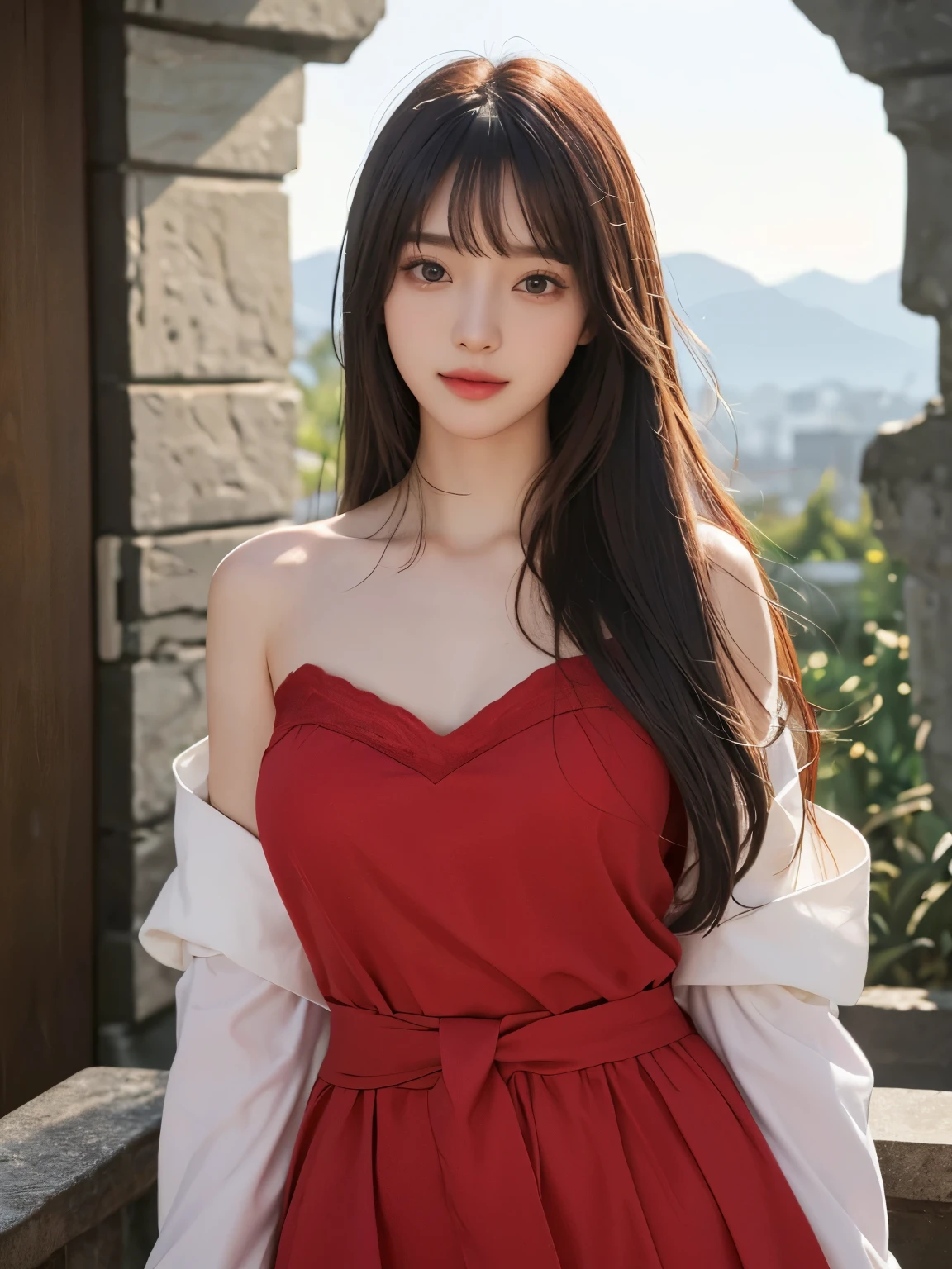 Masterpiece, highest quality, beautiful, Japanese, popular Korean makeup, fine and detailed eyes, fine skin, beautiful skin, super high resolution, (reality 1.4), very beautiful, slightly young face, beautiful skin, slender, (ultra real) , (Illustration), (High resolution), (8K), (Very detailed) (Best illustration), (Beautiful and detailed eyes), (Super detailed), (Wallpaper), (Detailed face), Viewer perspective, Details, details Face, pureerosfaceace_v1, smile, direct view, direct view, angle from the waist up, realistic photo, bright lighting, professional lighting, black hair (some green), long hair, dark ruins, big red moon, (gorgeous red dress), woman, stylish long bangs,