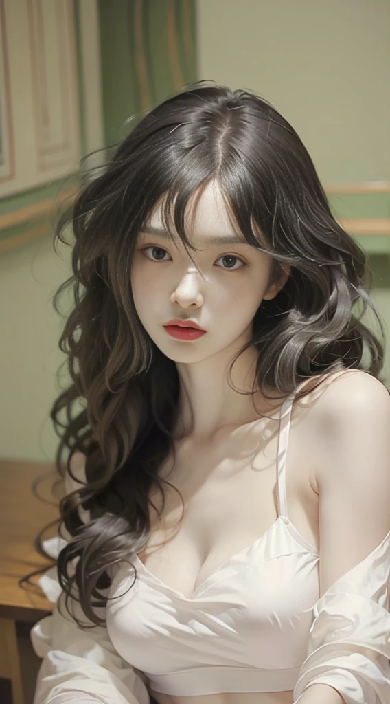 Close up portrait of woman in bra top posing in room, Seductive Anime Girl, on desk, extremely high details, a hyperrealistic schoolgirl, with large breasts, SFW huge breasts, realistic shaded perfect body, beautiful alluring anime woman, a hyperrealistic schoolgirl, alena aenami and artgerm, extremely high details, Tifa Lockhart, Naughty anime style, plus size model, Scruffy body, Naughty body,