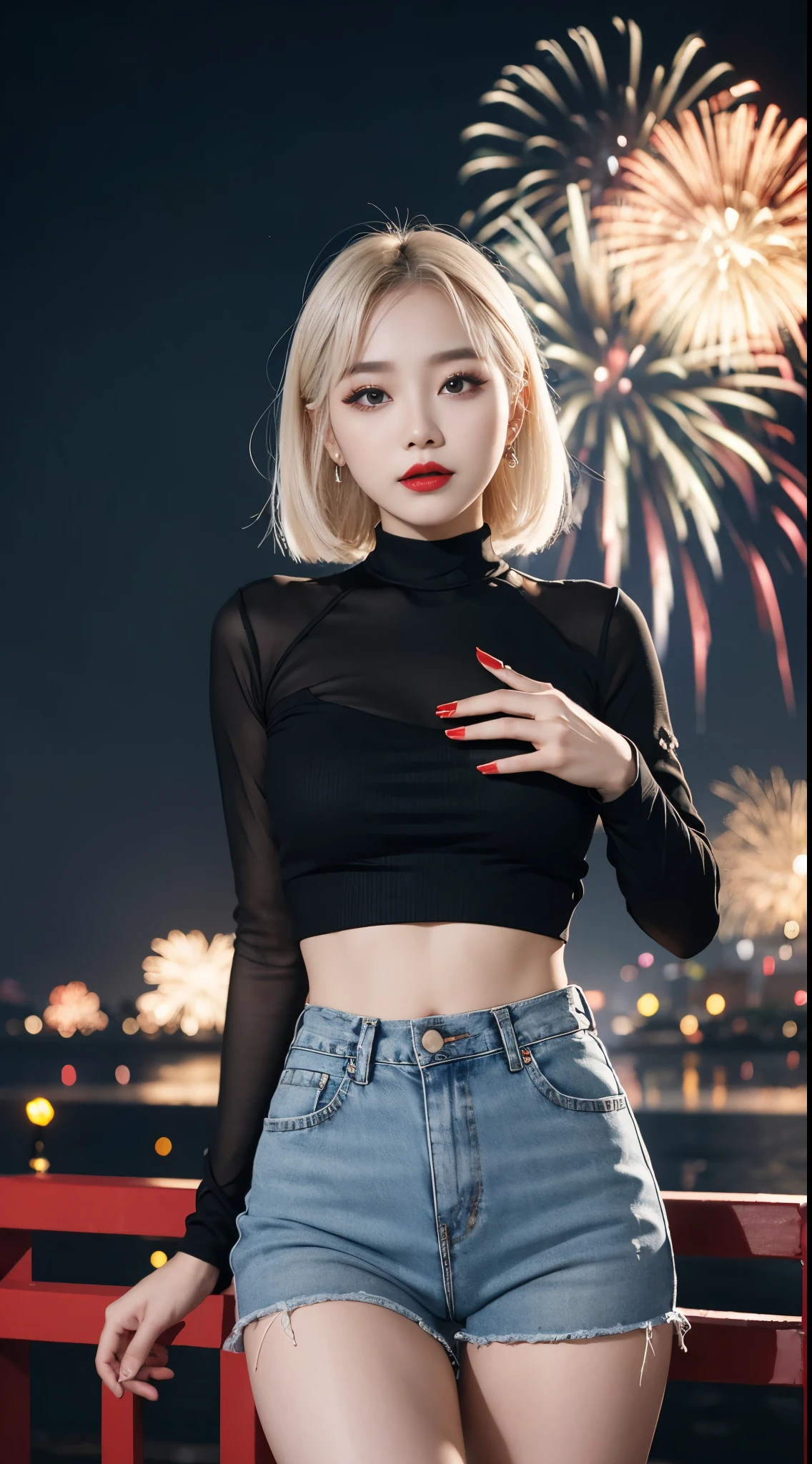 Beautiful Girl, Korean makeup, Platinum hair, thigh, Red lips, áo croptop đen, quần thigh jean  bó sát, Black outfit, cảnh quang bên sông, fireworks,