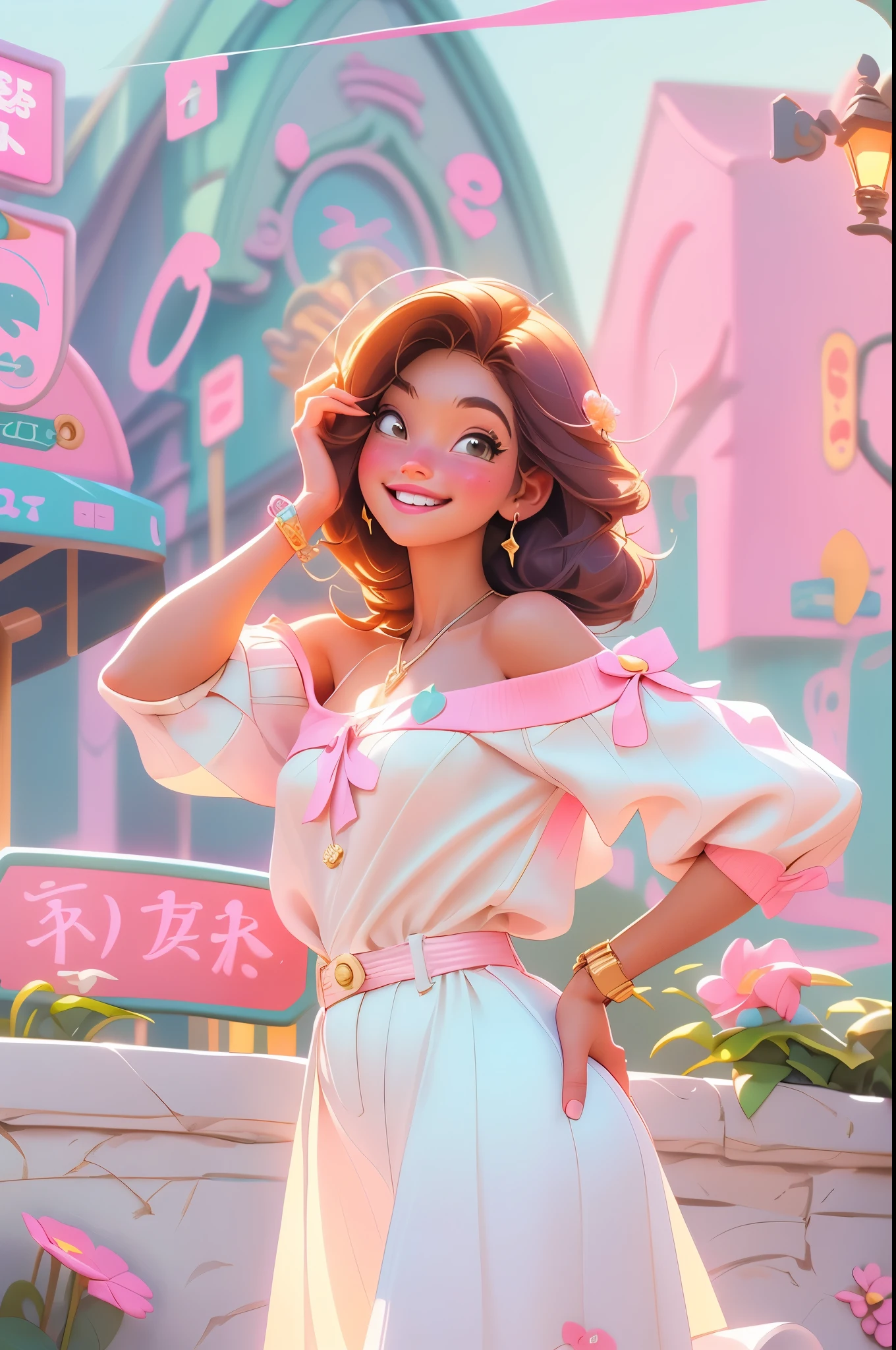 There is a girl smiling and taking pictures,Disney style, (youth: 1.1), lovely boy, 詳細な目, (rays of sunshine: 1.2), bright, 柔和的lamplight, cellshading, ray traycing, warm color palette, pink hues, pink decorations, A high resolution, strong outline, coloured background, provocation, The beautiful (lamplight: 1.05), (电影lamplight: 1.1), cool aesthetic, Aesthetic style, hard picture, Backwards, 8K, filmgrain, Kodak Portra 800, f1 .8. golden age