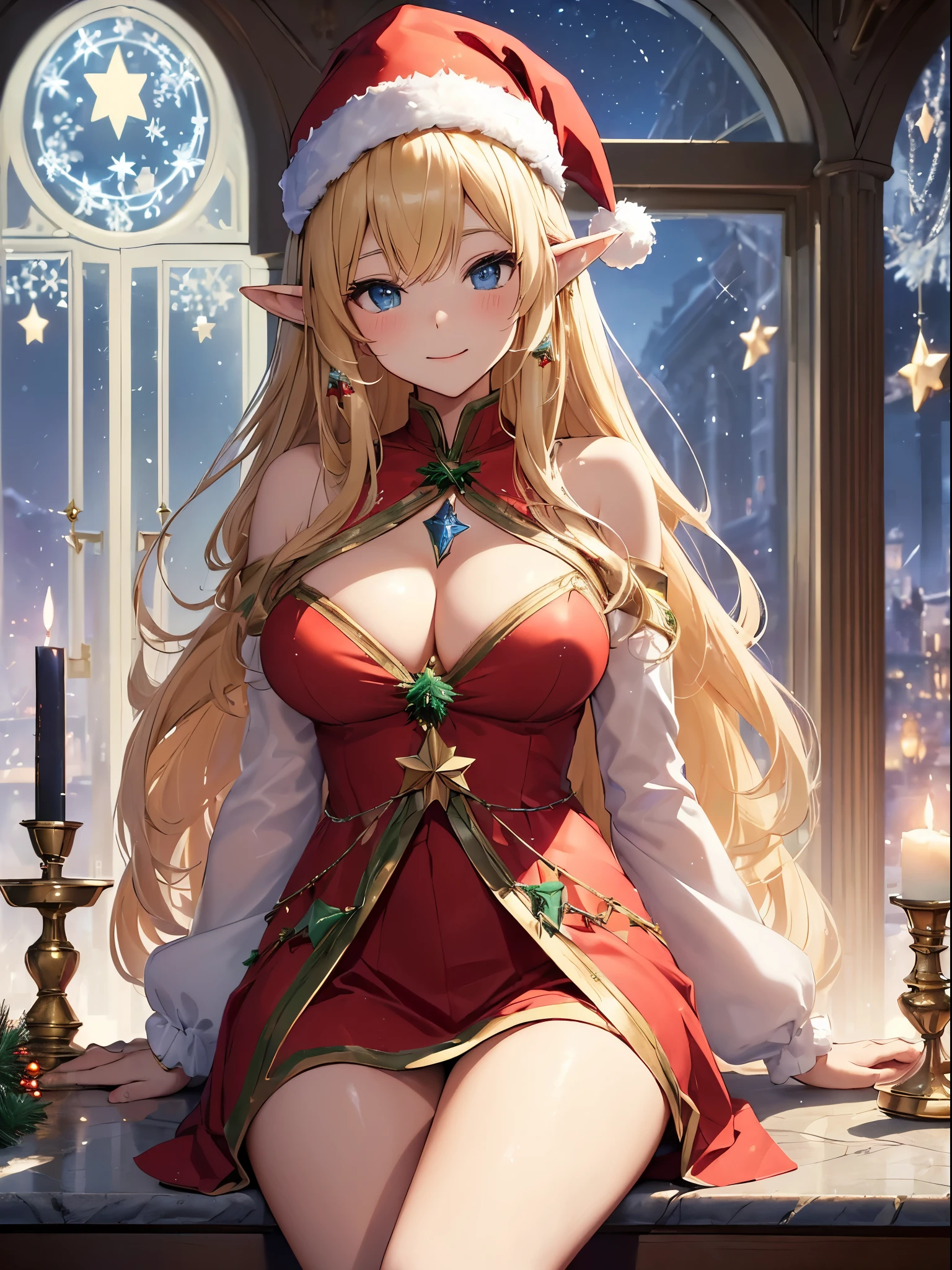 top-quality、Top image quality、masterpiece、Super beautiful elf beauty((24 year old、Red Santa Costume、santa hat、Best Bust、big bast、Bust 90,beautiful blue long ironed hair、a blond、globe、A A sexyは、A slender、a closeup、Esbian、hiquality、Beautiful Art、Background with((starrysky)))masutepiece、visualart、depth of fields、low angle night sky、、Elven ears、、light magic、Space Knight、harp melody🎵、Happy smile、Gentle light、、Beautiful legs that are gentle on the skin、、、Number of fingers to achieve precise finger movements、ティッカーBeautiful decoration、elegent、Mystical field under the flower garden、Marble pillars, beautiful dressy、Winter snow scene reflected in the window、、Lots of Christmas gifts、Temple of Time、marble interior、Renaissance painting、byzantine art、art noveau、Great watch、hour glass、sundial、NSFW.A sexy、Huge Christmas tree with beautiful Christmas decorations、Beautiful decoration、Christmas Party、