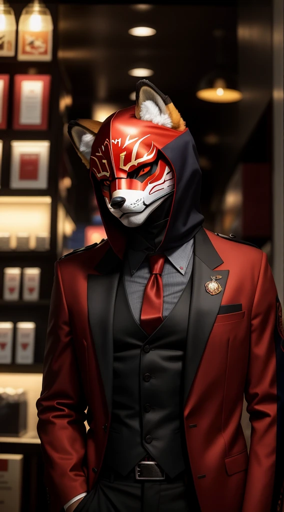 There is a man wearing a shirt, tie and mask standing in a cake shop, Villain wearing red ghost mask, Fox mask on head, with Fox mask, wearing a Fox mask, Fox mask, Wojtechfors, profile picture 1024px, Portrait shooting, movie 4k wallpaper, movie 4k wallpaper, Red and movie lighting