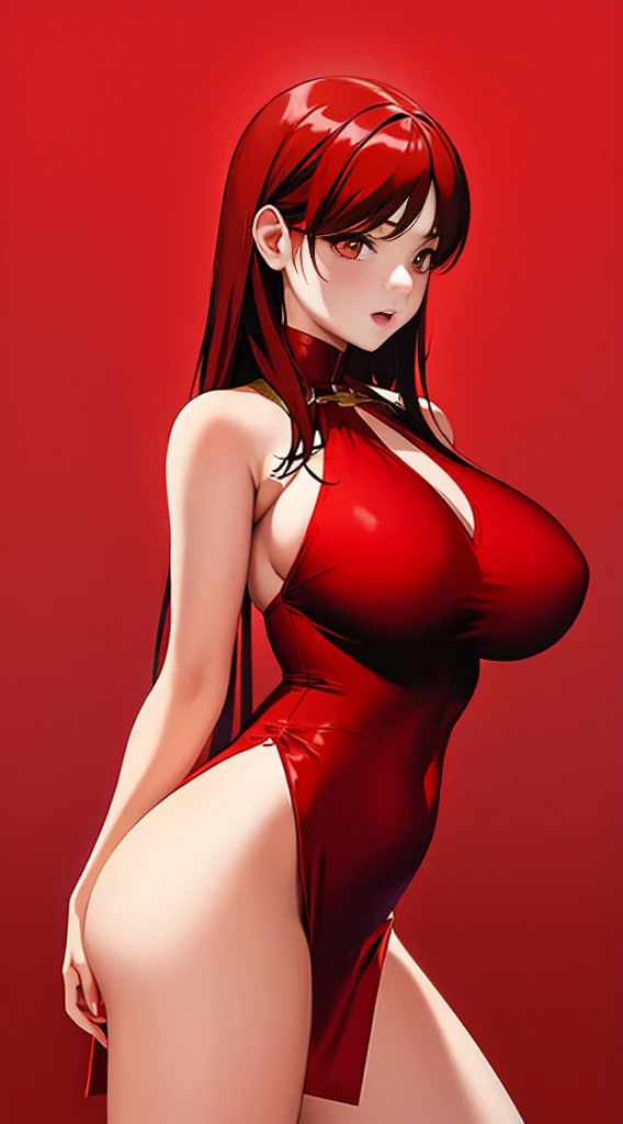 1girl, single, Half body, Red Theme, looking at the audience, large boobs, Vertical, from the side, bad girl, ((mature woman))