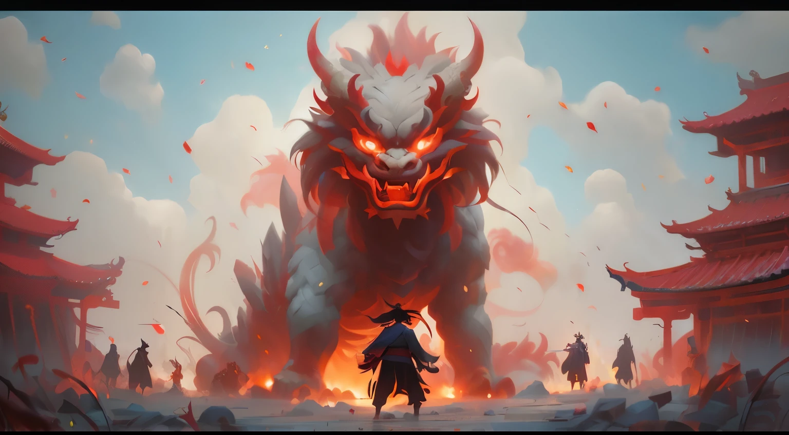 Animation scene of demon attacking demon in temple, onmyoji detailed art, by Ryan Ye, Illustration concept art, author：Hero, epic fantasy digital art style, chinese dragon concept art, concept art illustration, andreas rocha style, fantasy art behance, Ruben Tan, chengwei pan on artstation, full art illustration