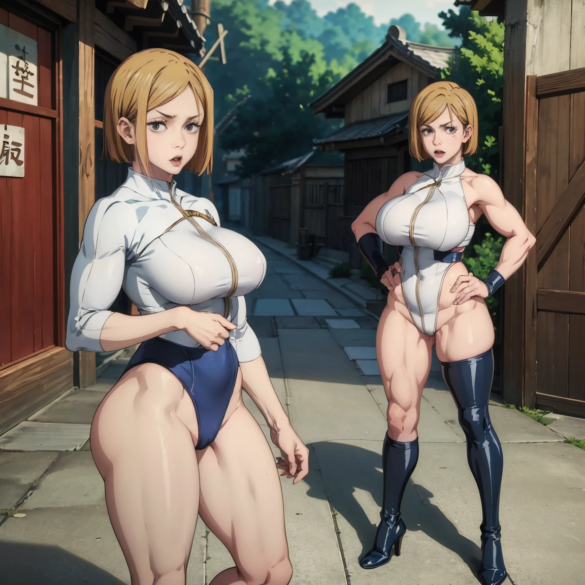 Nobara Kugisaki from Jujutsu Kaisen wearing a Power Girl costume、25-years old、Beautiful legs with big breasts、Standing、Brown hair、short-hair、hight resolution、8K、Coordinate the bite、beauitful face