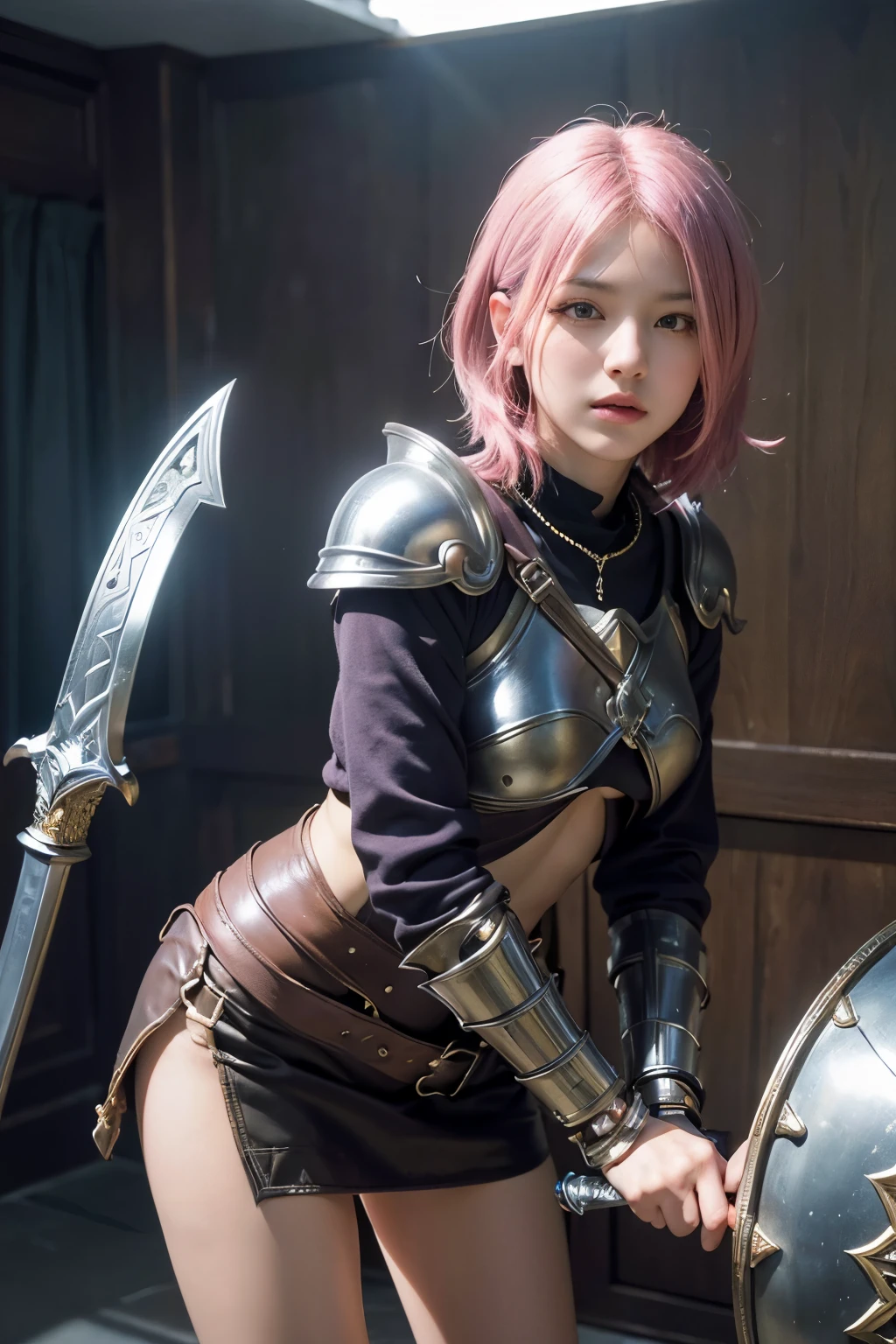 (8K, top-quality, masterpiece:1,2), (reallistic, Photorealsitic:1.37), Super Detail, One girl,), (Highly detailed), (beautifully detailed eyes), (of the highest quality), (super detailed ), (masterpiece), (Detailed face),20yr old, ,1 girl, full body, pink hair,Very short hair, medium breasts, clothed, Perfect Lighting, , looking at viewer, aroused face, naughty face, (Female Hero, Dragon Quest 3, Legendary Sword, Legendary Shield, Legendary Armor, Legendary Helmet) , The Demon King's Castle, standing