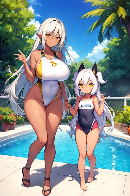 2girls, dark-skinned females, dark-skinned female, breasts, large breasts, wide hips, white hair, long hair, yellow eyes, smile, smirk, smug, sleeves, short sleeves, one-piece swimsuit, competitiom swimsuit, poolside, full body, ((full body))