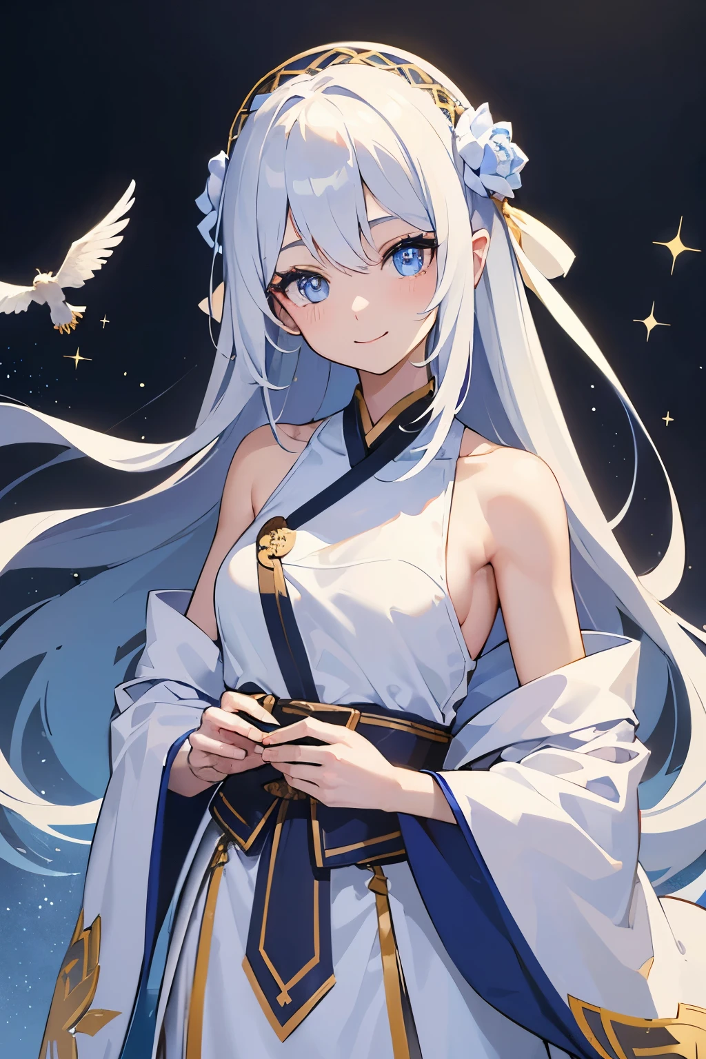 (Masterpiece), (Best Quality), (Super Detailed), (Dirty Hair), (Illustration), (1 Girl) (Long white Hair 1.5) (Blue Eyes), ((((No Shoulders))),Hanfu, (Looking at the Audience, (Interview), ( Background), Beautiful and Delicate Eyes, Delicate Beautiful Face, Soaring (High Saturation), (Colorful Glitter), Multi-colored Bubbles, (Glitter), Accent on Face, PerfectNwsjMajic, conservative clothes, Shoulderless, winter clothes, facing the masses, perfect figure, happy, warm smile