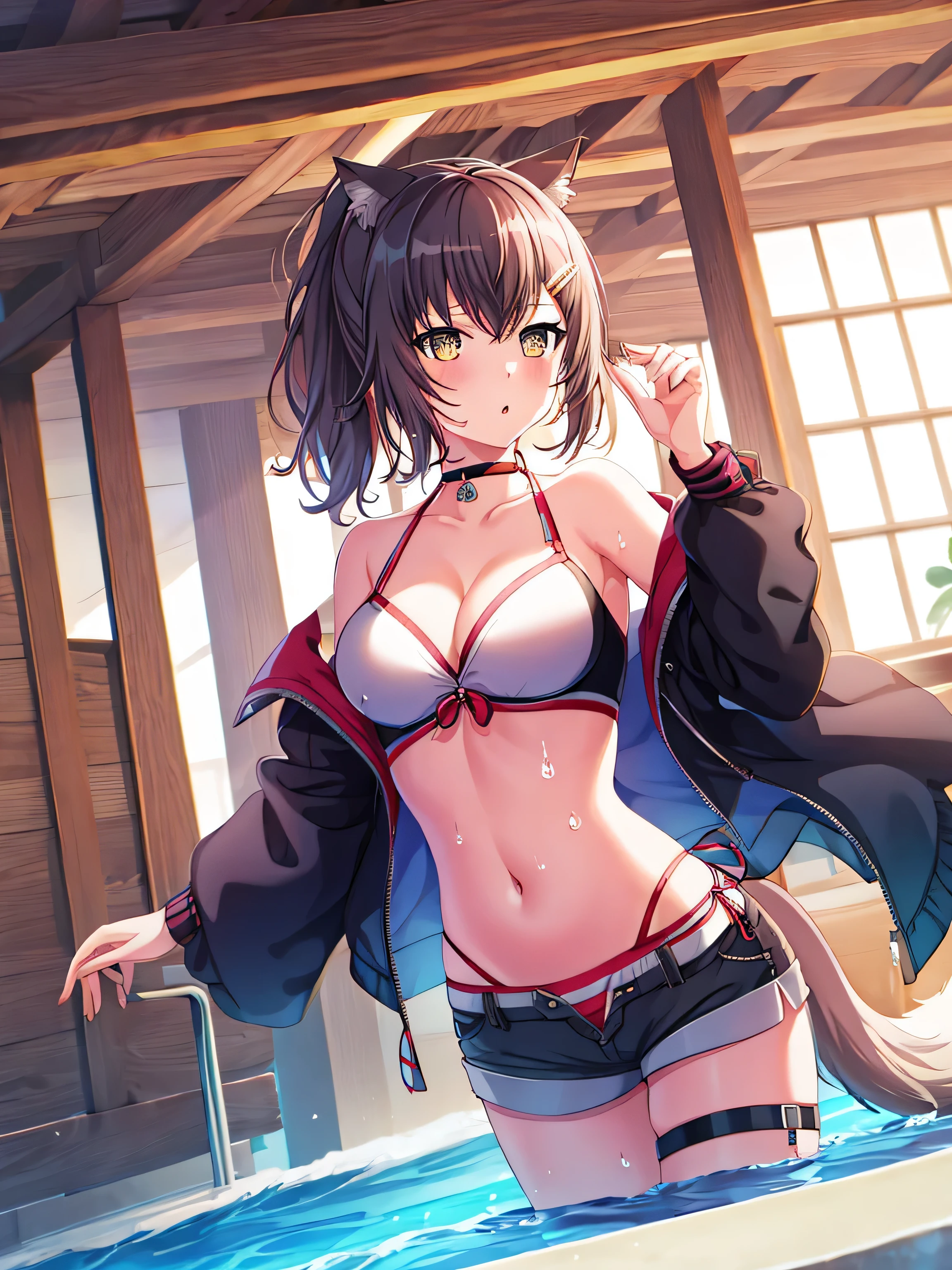 1girl, Alone, Great God_Mio, Virtual_Youtuber, critters_hor earss, long_the hair, swim wears, coyote_hor earss, 比基尼, Black_the hair, nedium breasts, shorts, multicoloRed_the hair, coyote_girl, jaket, ponycoda, 大legeand, navel, lookingat_Show on the_peeping at the viewer, critters_hor earluff, Red_the hair, There are striped ones_the hair, extremely_long_the hair, the hair_decorations, The white_shorts, Wet with, Black_jaket, Collar, Chopping, coyote_coda, Black_Collar, coda_about_leges, avas_The clothes ar, leaving_bshoulders, middling_nedium breasts, Broke up_cparted lips, Bare bare_bshoulderss, By bangs, avas_jaket, 比基尼_Show on the下面_The clothes ar, short_shorts, The orange_The eye, long_the sleeve, Be red in the face, String_比基尼, coda, the hairclip, halter neck, stomach,