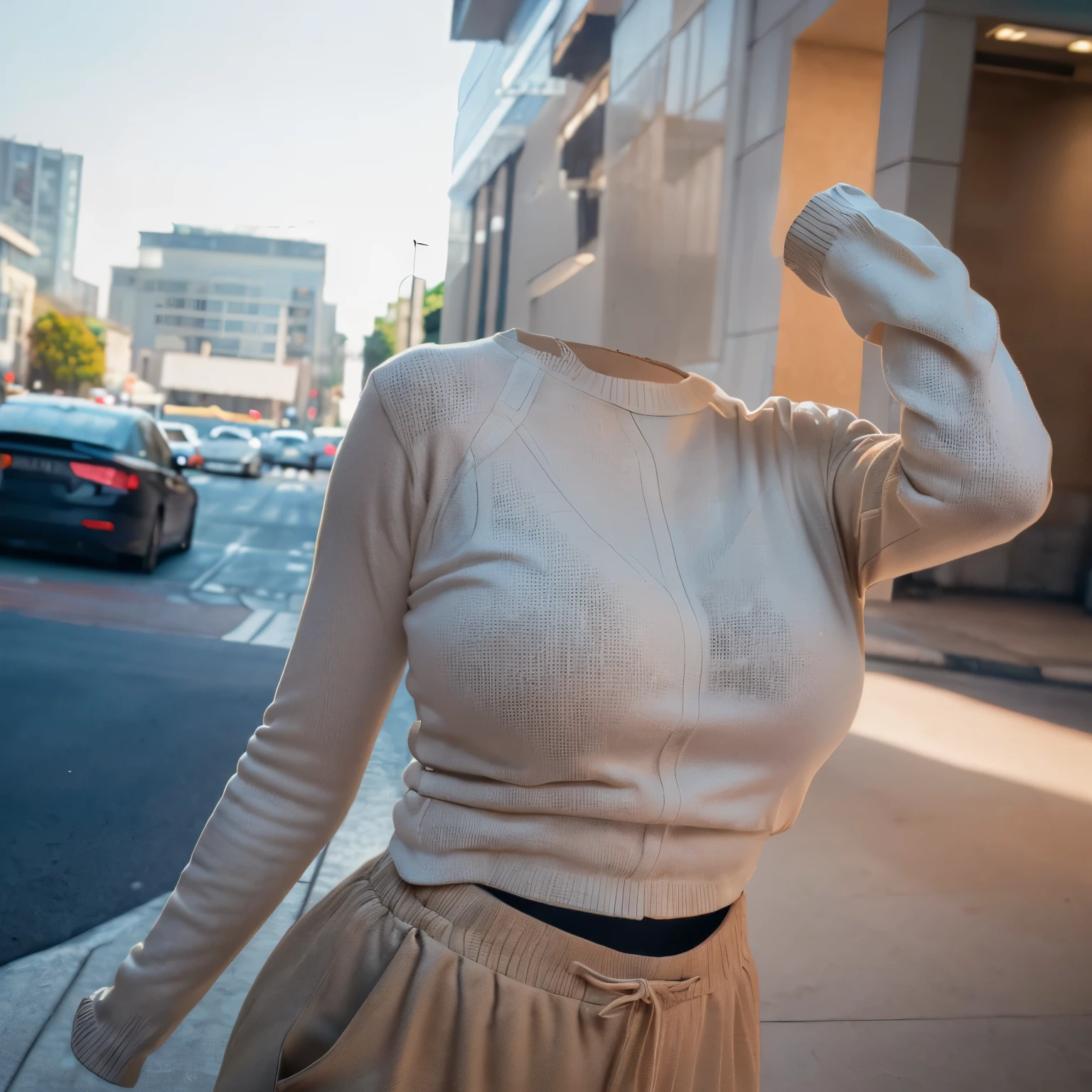 wide-leg pants, knit sweater, cafe, cute pose, (invisible, no humans, headless, faceless:1.5), (close-up to breasts), cute big breasts, (8k, RAW photo, best quality, masterpiece, high resolution, extremely detailed CG:1.2), (realistic, photo-realistic:1.37), photon mapping, radiosity, ((Hasselblad photography)), physically-based rendering