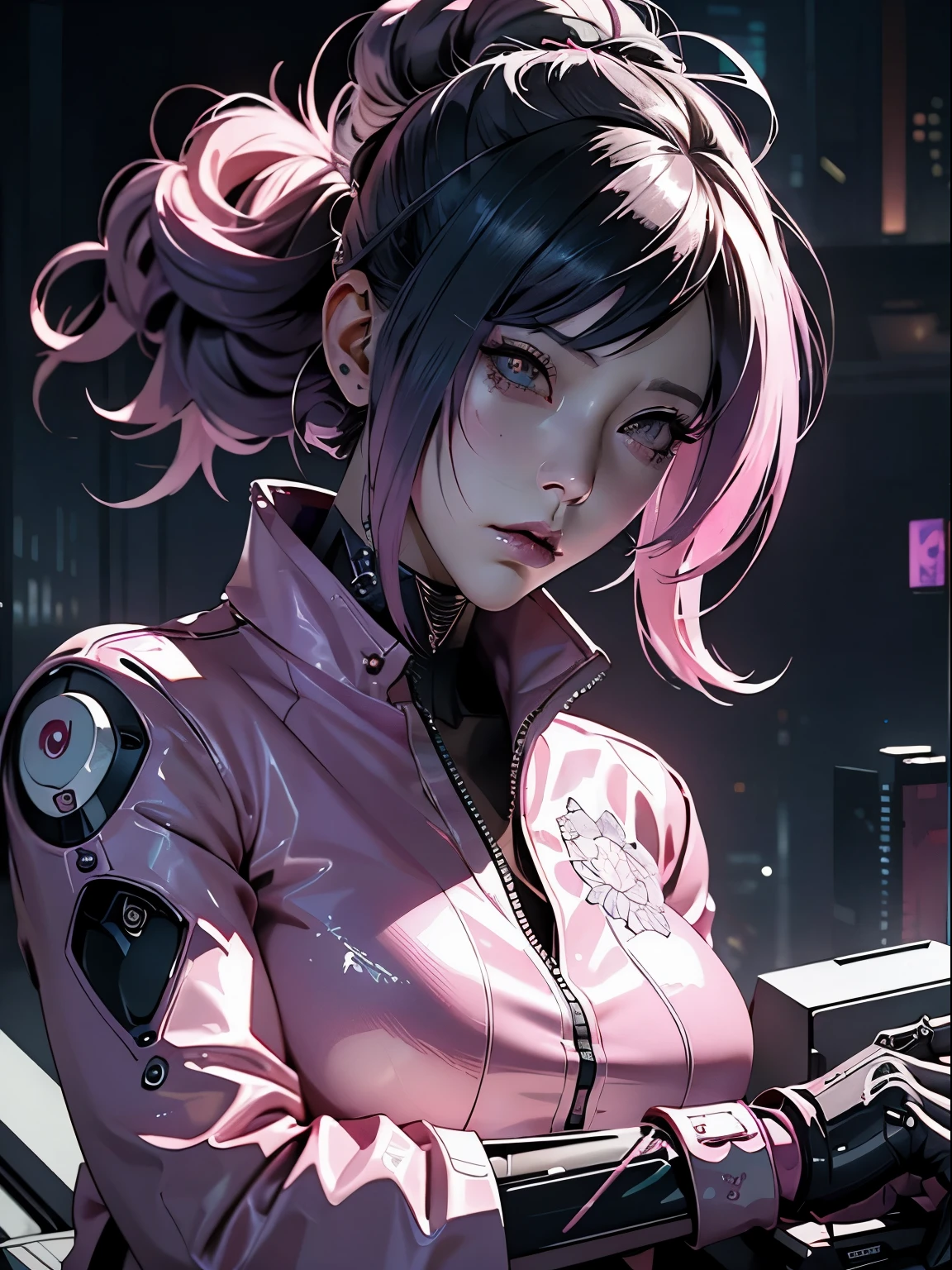 a close up of a person with a pink suit and a gun, styled like ghost in the shell, ghost in the shell geisha robot, ghost in the shell art style, cyberpunk anime art, anime cyberpunk art, cyberpunk cyborg. roses, cyberpunk art, modern cyberpunk anime, cyberpunk art style, japanese cyborg, ghost in the shell style, cyberpunk geisha