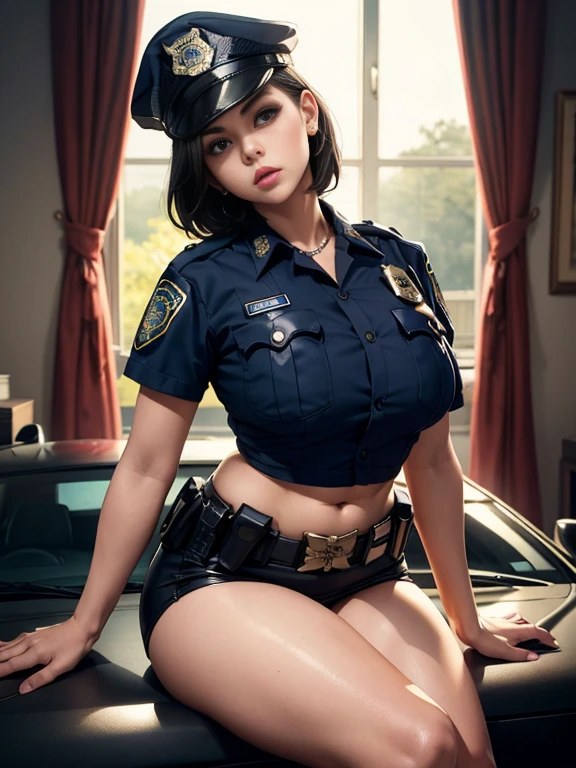Background Story (with sexy female police uniform and police cap: 1.4), good hand, 4k, high resolution, master part, best quality, Head: 1.3, ((Fotografia Hasselblad)), japonesa, long hair with single braid, pele finamente detalhada, Clear focus, (cinememic lighting), soft lighting, Dynamic angle, [:(Rosto detalhado: 1.2):0.2], olhar de barriga, huge seios, seios grandes, (seios nus:1.4), 1girl, jewelries, Brincos, laranja_heaven, sozinho, toupeira, Longas_Hair,   toupeira_debaixo_olho, superior_corpo, cinza_olhos, Olhando_em_visualizador, black Hair, moda (Head tilt: 1.4), na rua cheio de carro