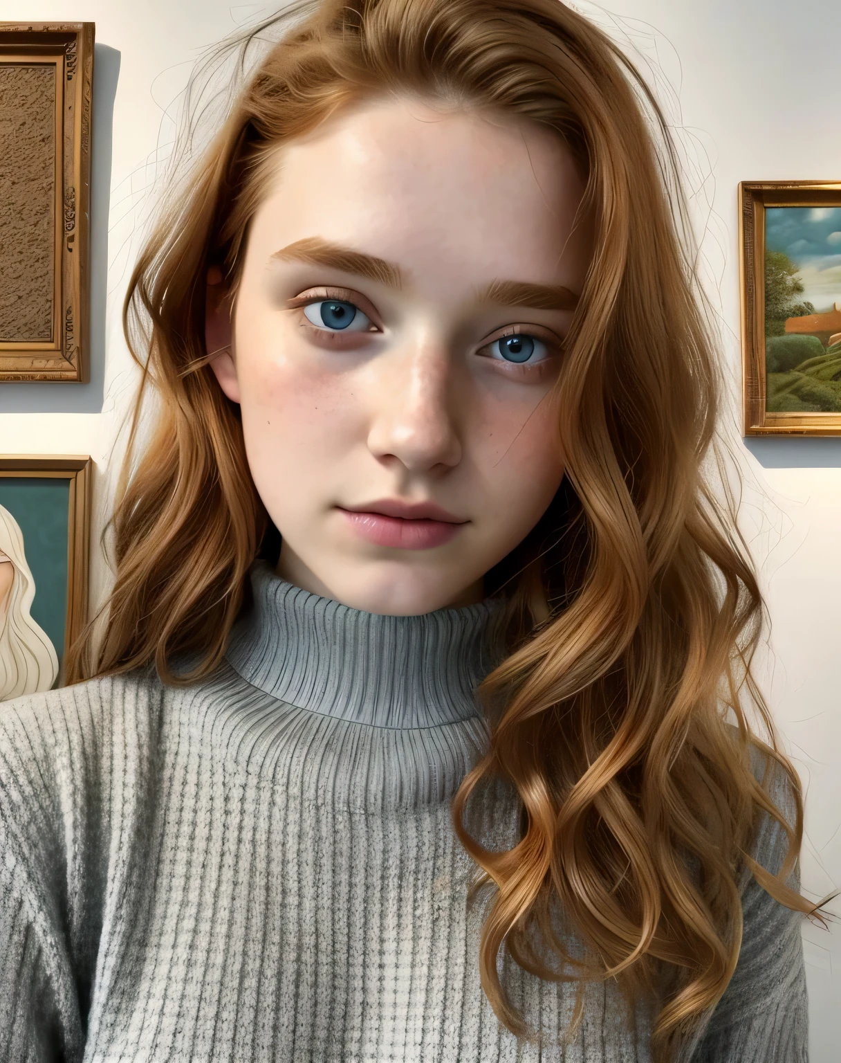 1girl in, 19, Solo, Aesthetic artwork, irish, wavy ginger hair, shoulder length hair, gray eyes, light grey eyes, pale skin, A-cup, small breasts, runners body, (textured skin, skin pores:1.1), goosebumps, taking close-up cute selfie wearing a sweater at art gallery (hands hidden)