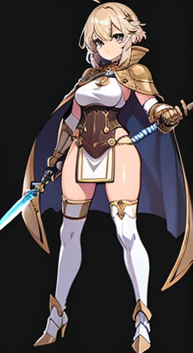 (((Best Quality))) , ((full body)), female, reference sheet, solo, (white background), holding staff or sword, gauntlets, thigh high, loin cloth only, cape, armored dress,