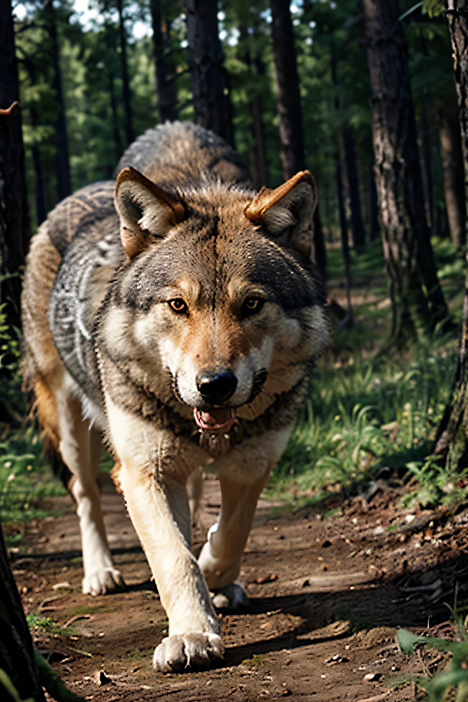 Wolf playing in the forest at night