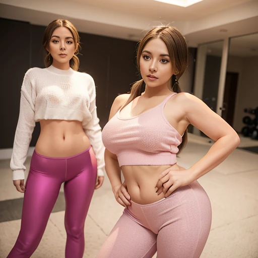 a woman in a pink top and leggings posing for a picture, inverted body type, beautiful woman body, short flat hourglass slim figure, beautiful shape of face and body, big wide broad strong physique |, model standing pose, standing athletic pose, perfect symmetrica body shape, fit curvy physique, two piece workout tight clothes, woman body, hourglass slim figure